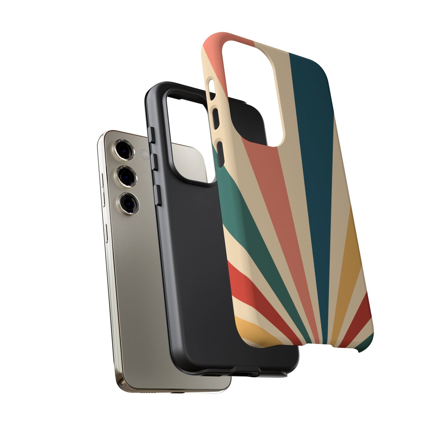 Retro Sunbeam Samsung Galaxy Case – 70s-Inspired Radiating Stripes in Coral, Teal, and Mustard