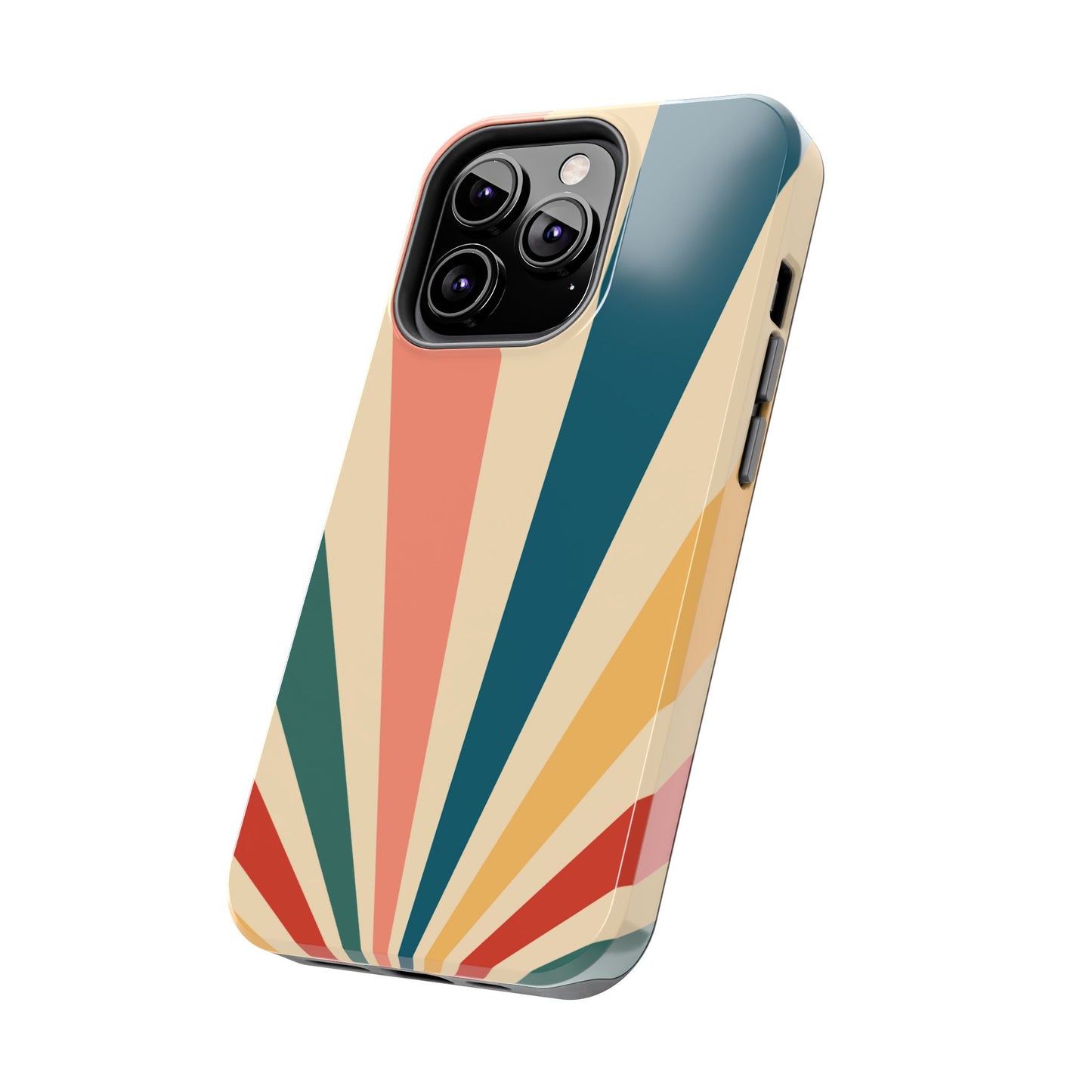 Retro Sunbeam iPhone Case – 70s-Inspired Radiating Stripes in Coral, Teal, and Mustard
