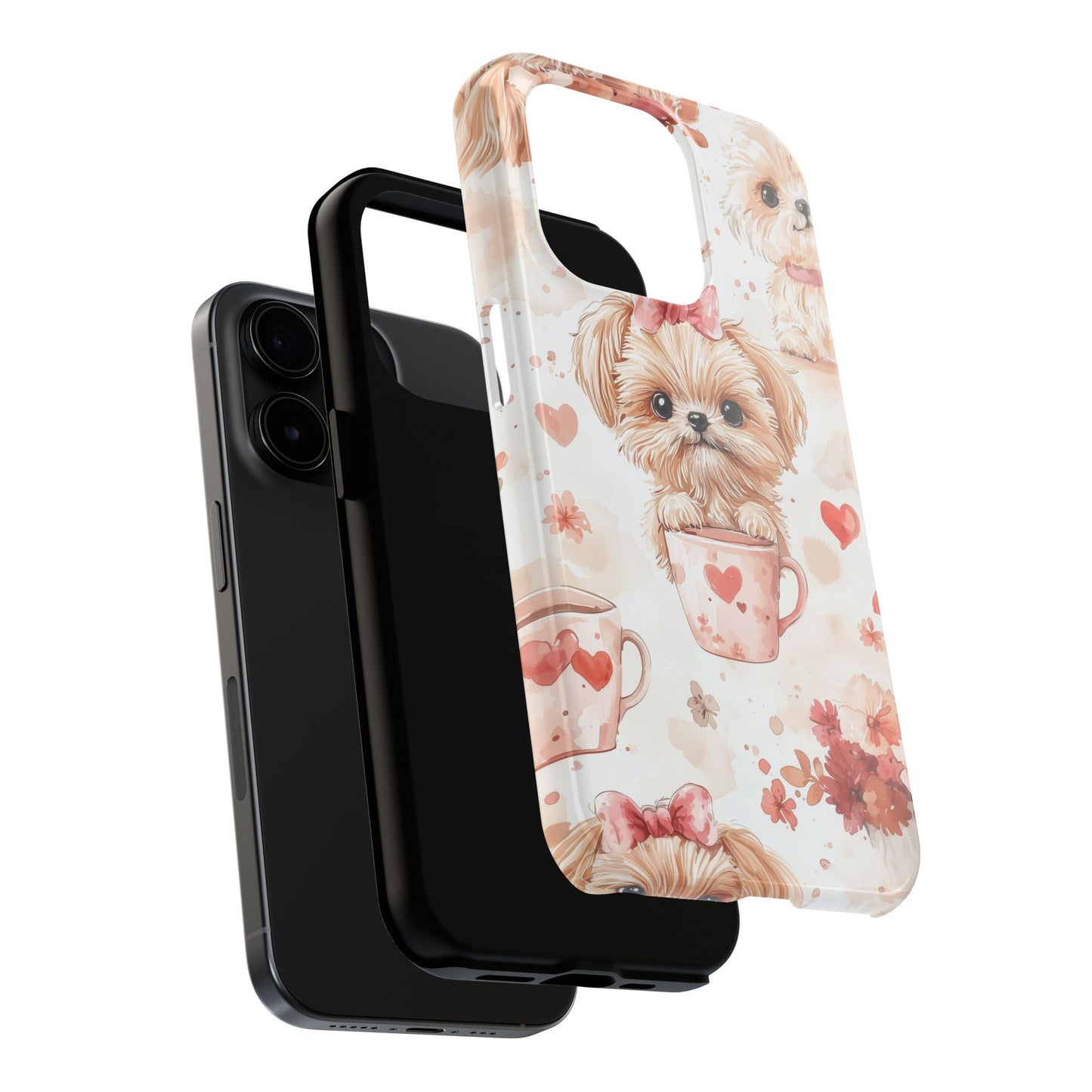 Puppies & Heart Mugs iPhone Case – Sweet Dog & Floral Design, Shockproof & Slim - BOGO Cases