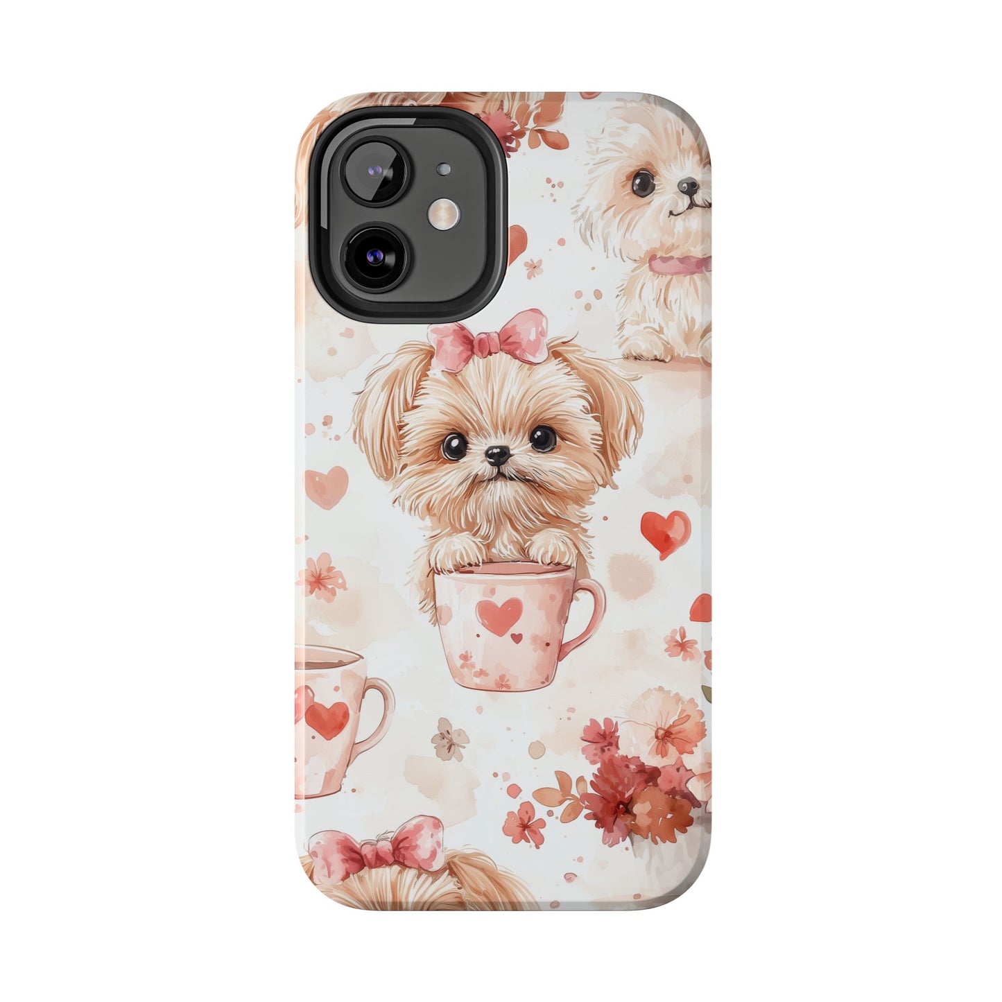 Puppies & Heart Mugs iPhone Case – Sweet Dog & Floral Design, Shockproof & Slim - BOGO Cases