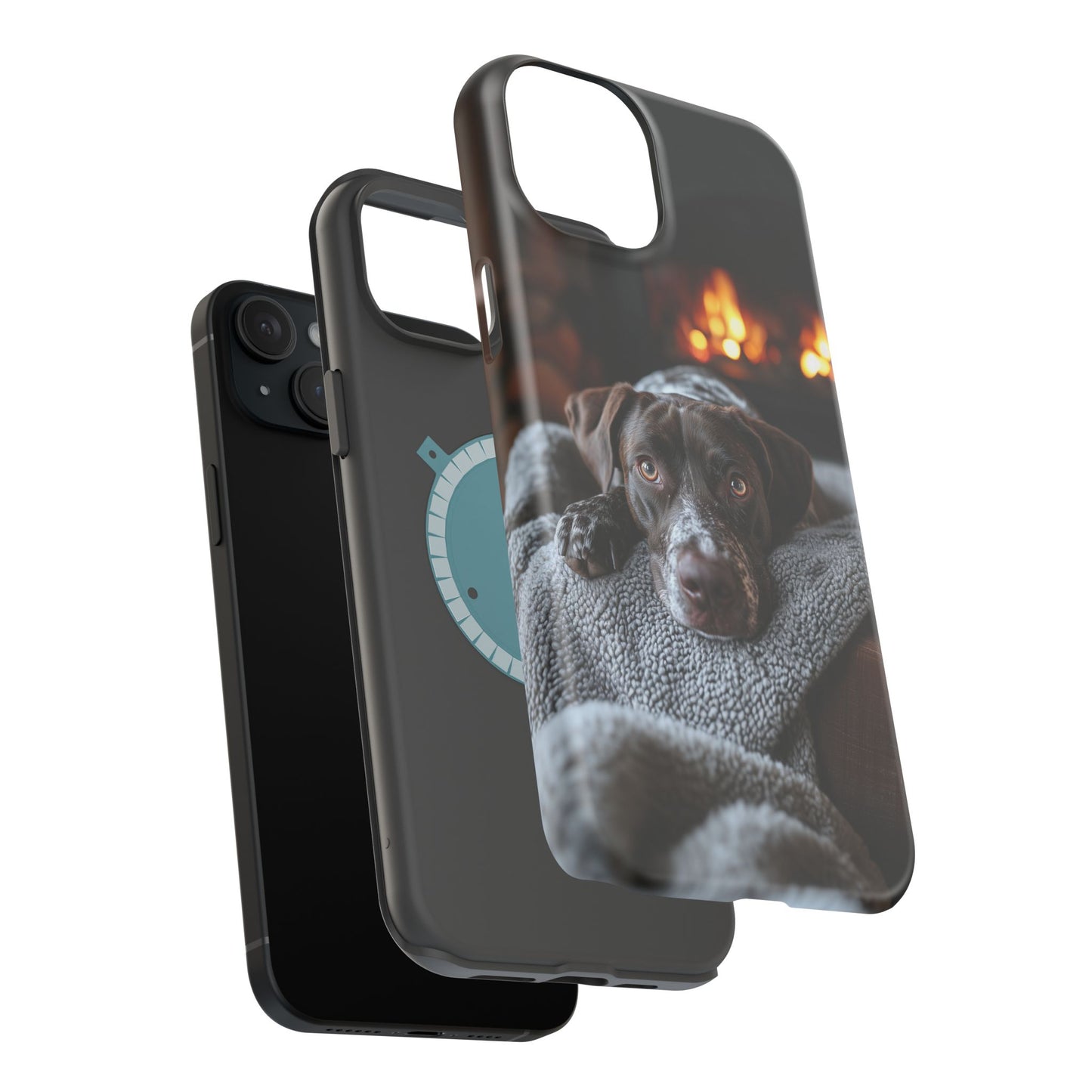 Cozy German Shorthaired Pointer MagSafe iPhone Case – Rustic Fireplace Protective Cover