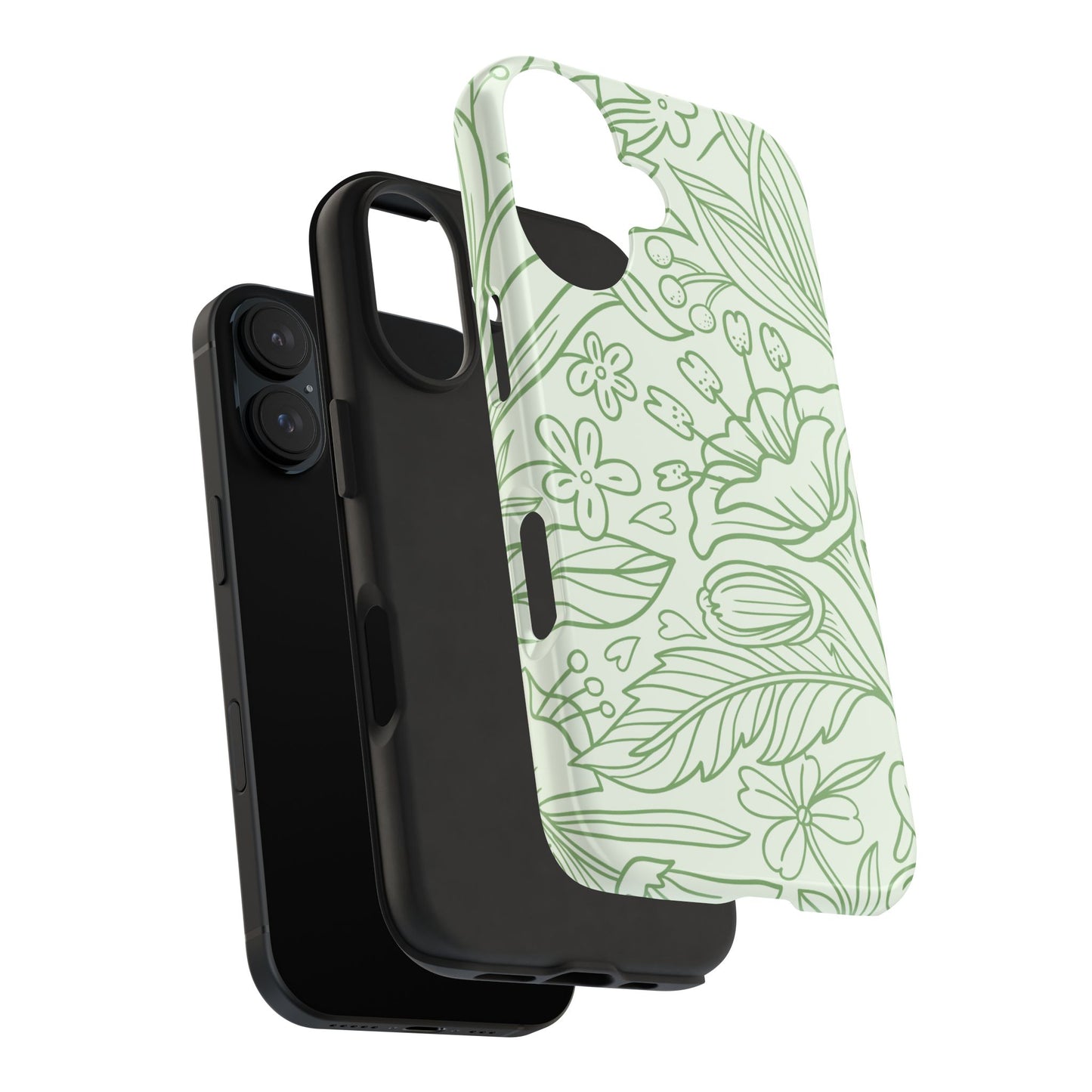 Sage Green Floral Line Art Tough iPhone Case – Minimalist Botanical Design with Dual-Layer Protection