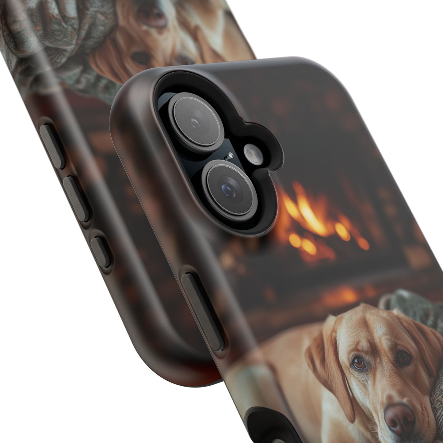 Cozy Labrador by Fireplace MagSafe iPhone Case – Rustic Cabin Protective Cover
