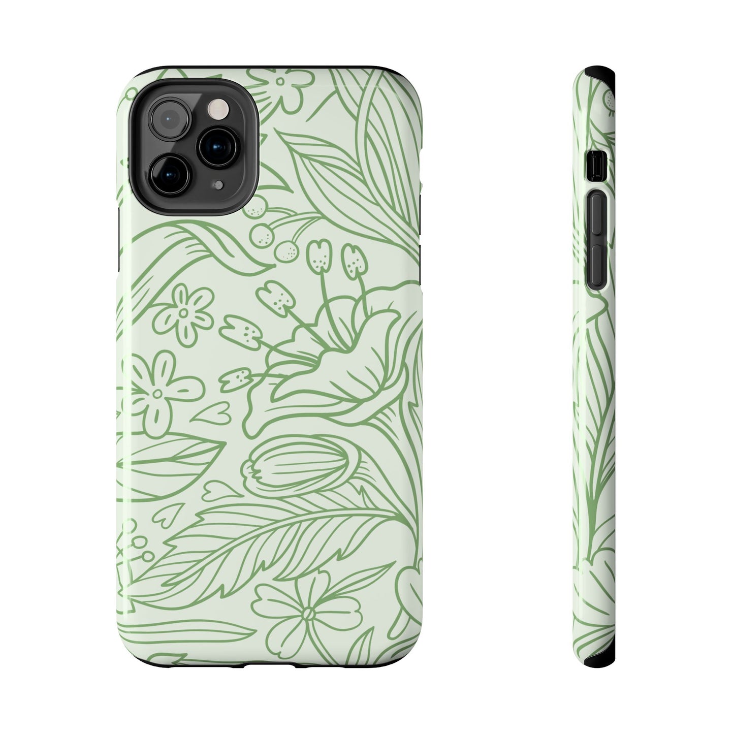Sage Green Floral Line Art Tough iPhone Case – Minimalist Botanical Design with Dual-Layer Protection