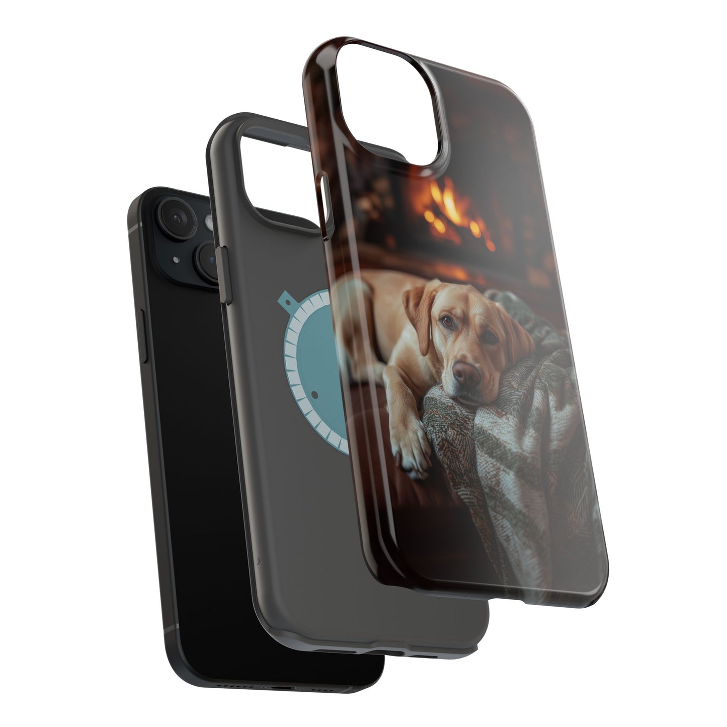 Cozy Labrador by Fireplace MagSafe iPhone Case – Rustic Cabin Protective Cover