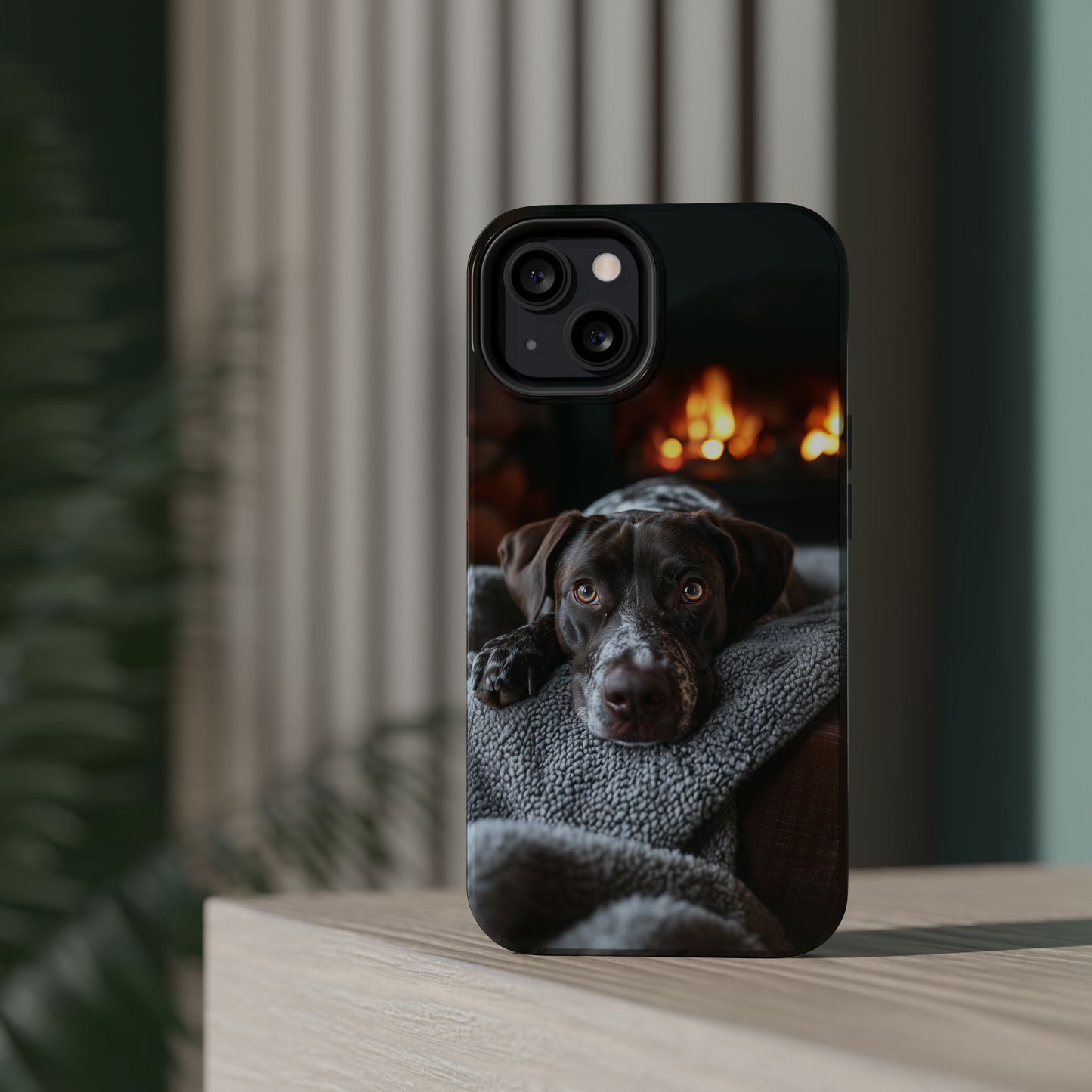 Cozy German Shorthaired Pointer MagSafe iPhone Case – Rustic Fireplace Protective Cover