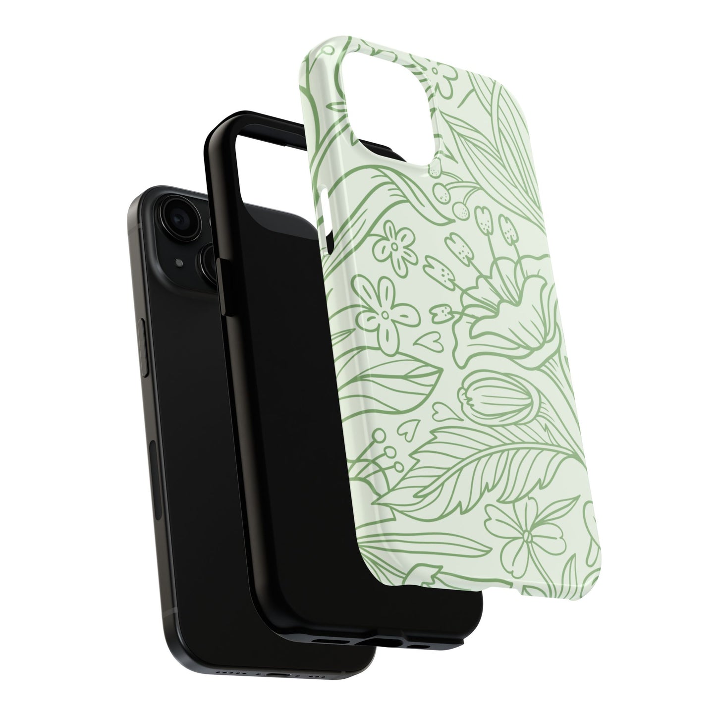 Sage Green Floral Line Art Tough iPhone Case – Minimalist Botanical Design with Dual-Layer Protection