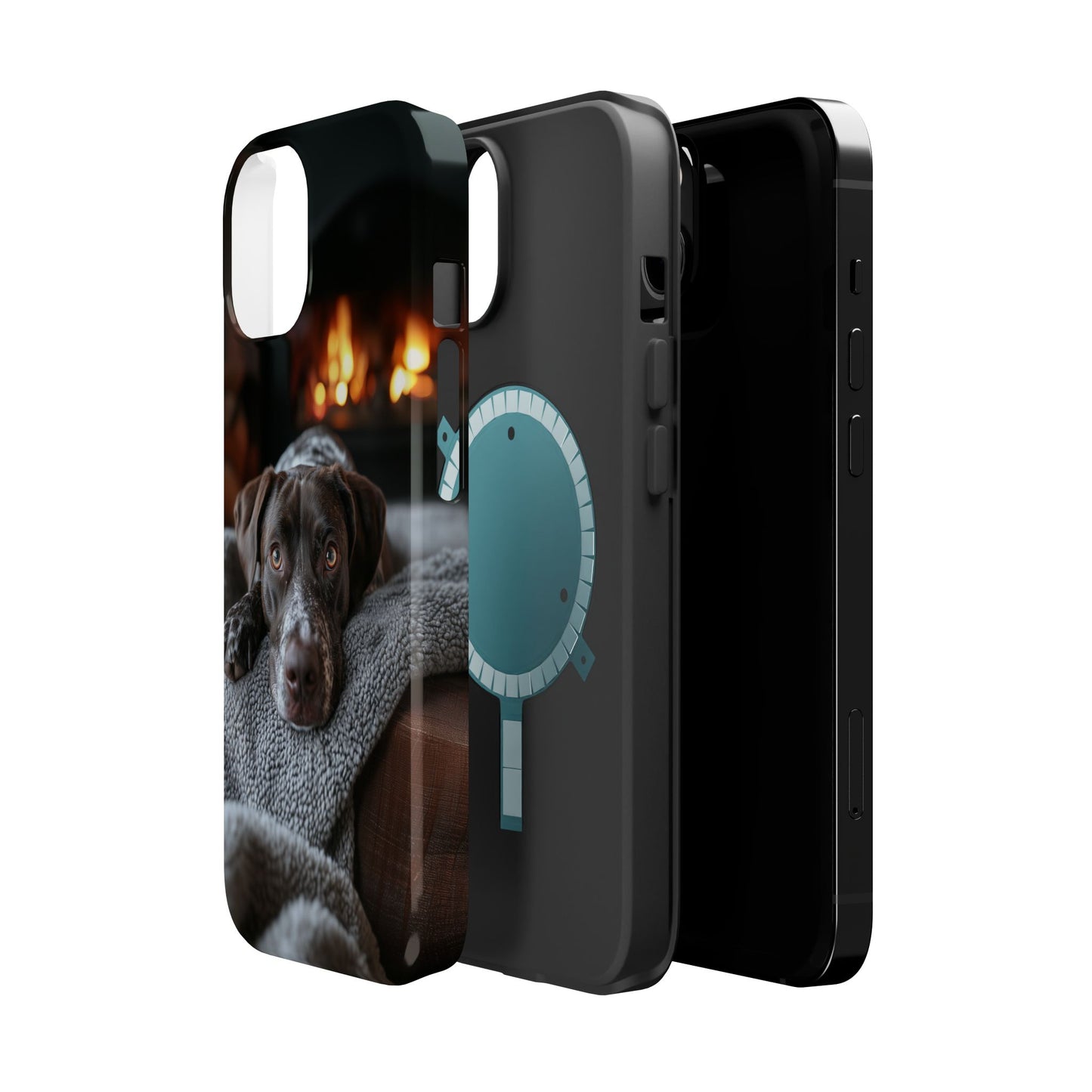 Cozy German Shorthaired Pointer MagSafe iPhone Case – Rustic Fireplace Protective Cover
