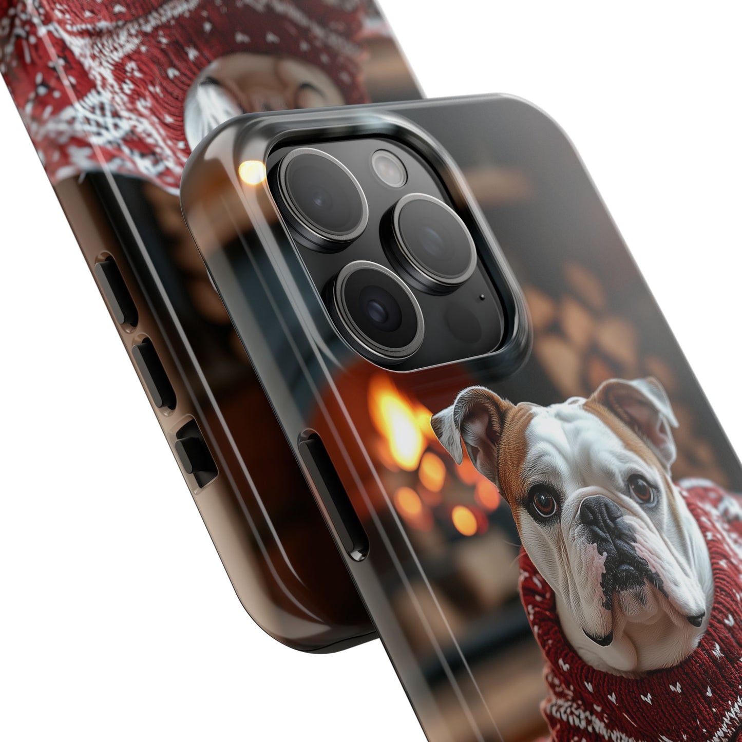 Cozy Bulldog in Sweater iPhone Case – Festive Fireplace Protective Cover
