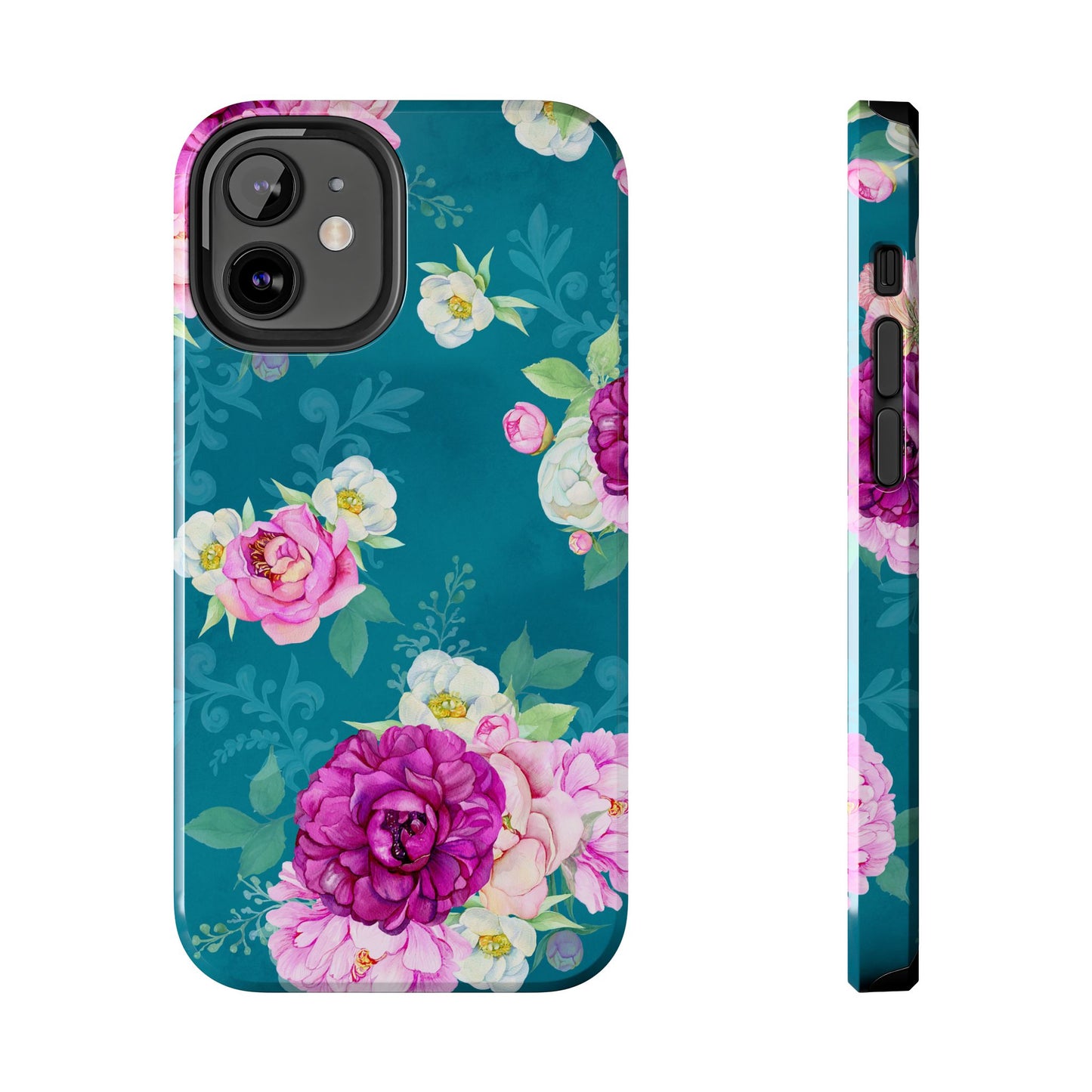 Elegant Peony Bouquet iPhone Case – Deep Teal Background with Romantic Floral Design
