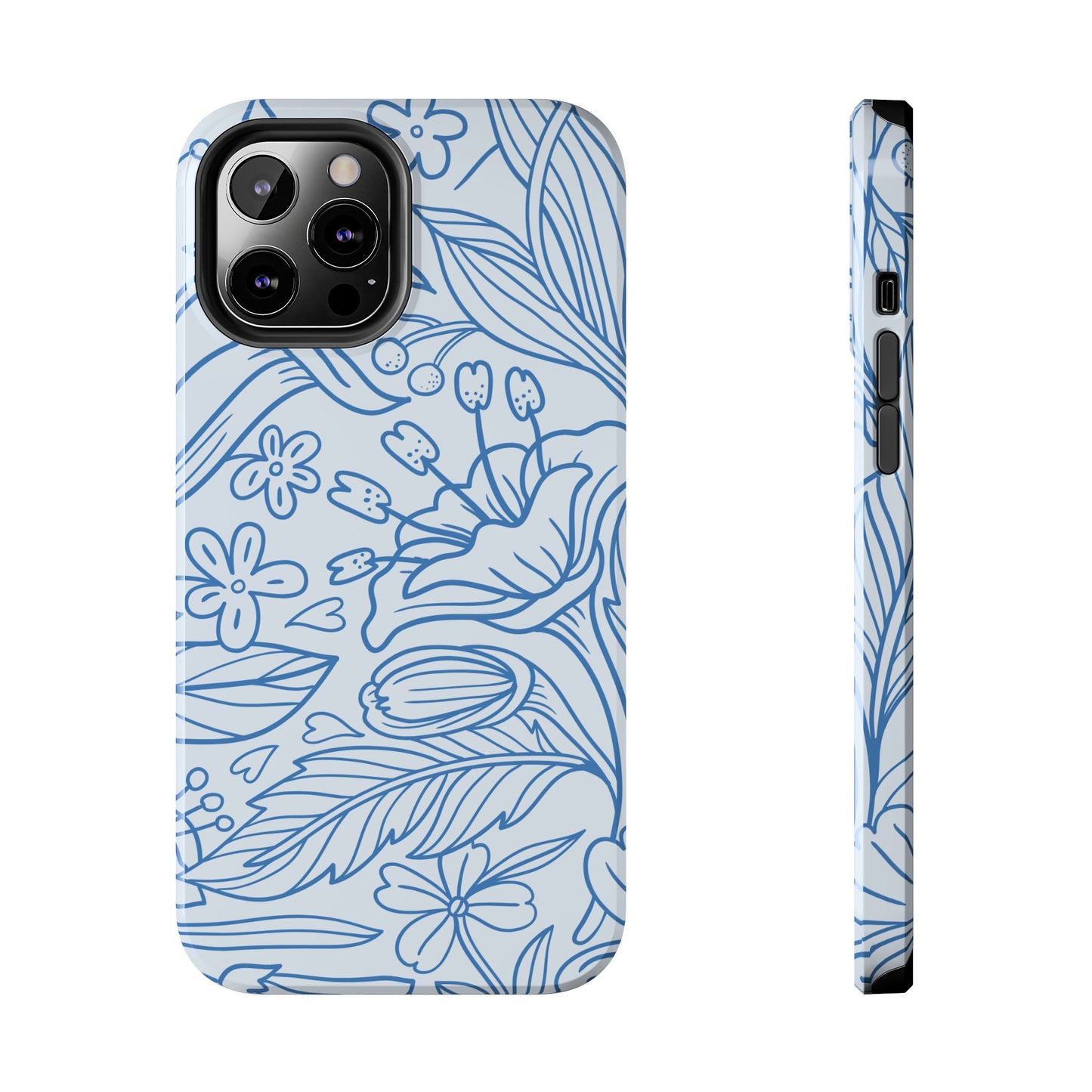 Dusty Blue Floral Line Art Tough iPhone Case – Minimalist Botanical Design with Dual-Layer Protection