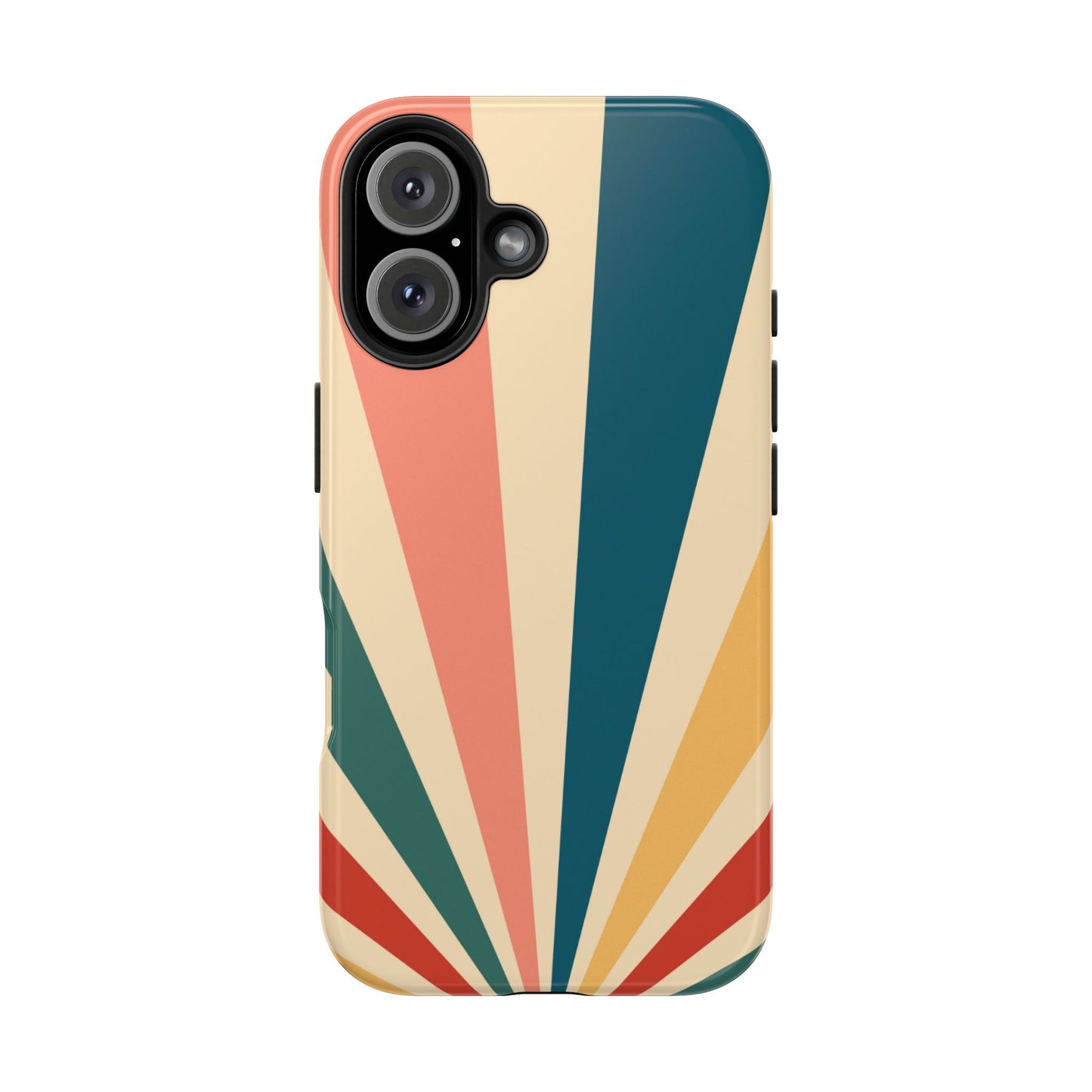 Retro Sunbeam iPhone Case – 70s-Inspired Radiating Stripes in Coral, Teal, and Mustard