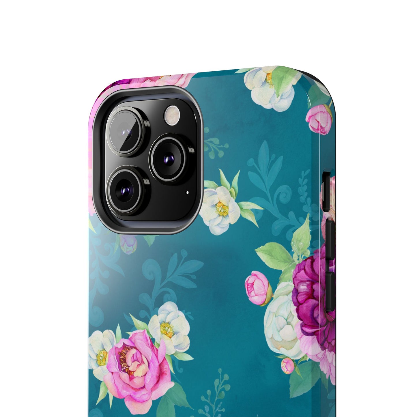 Elegant Peony Bouquet iPhone Case – Deep Teal Background with Romantic Floral Design