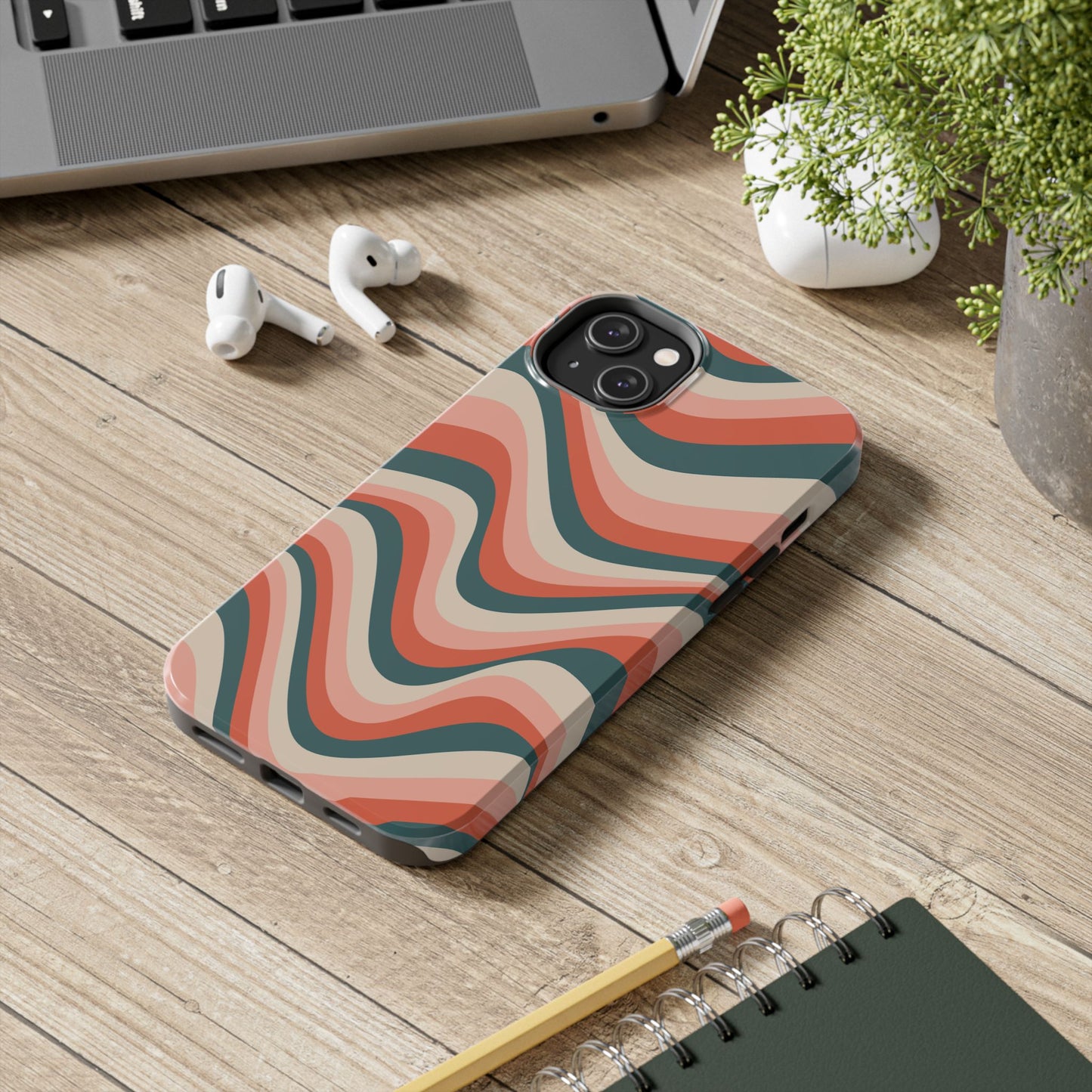 Groovy Waves iPhone Case – Retro 70s-Inspired Stripes in Coral, Cream, and Teal