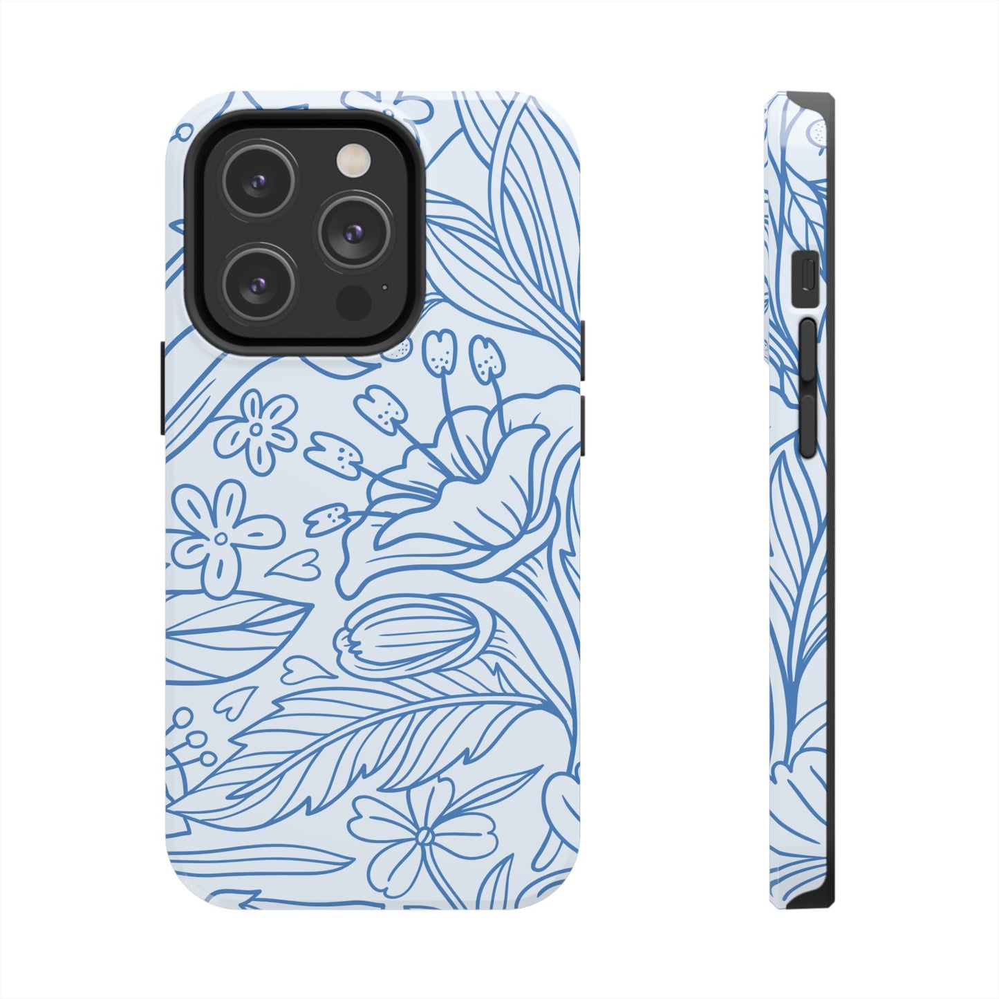 Dusty Blue Floral Line Art Tough iPhone Case – Minimalist Botanical Design with Dual-Layer Protection