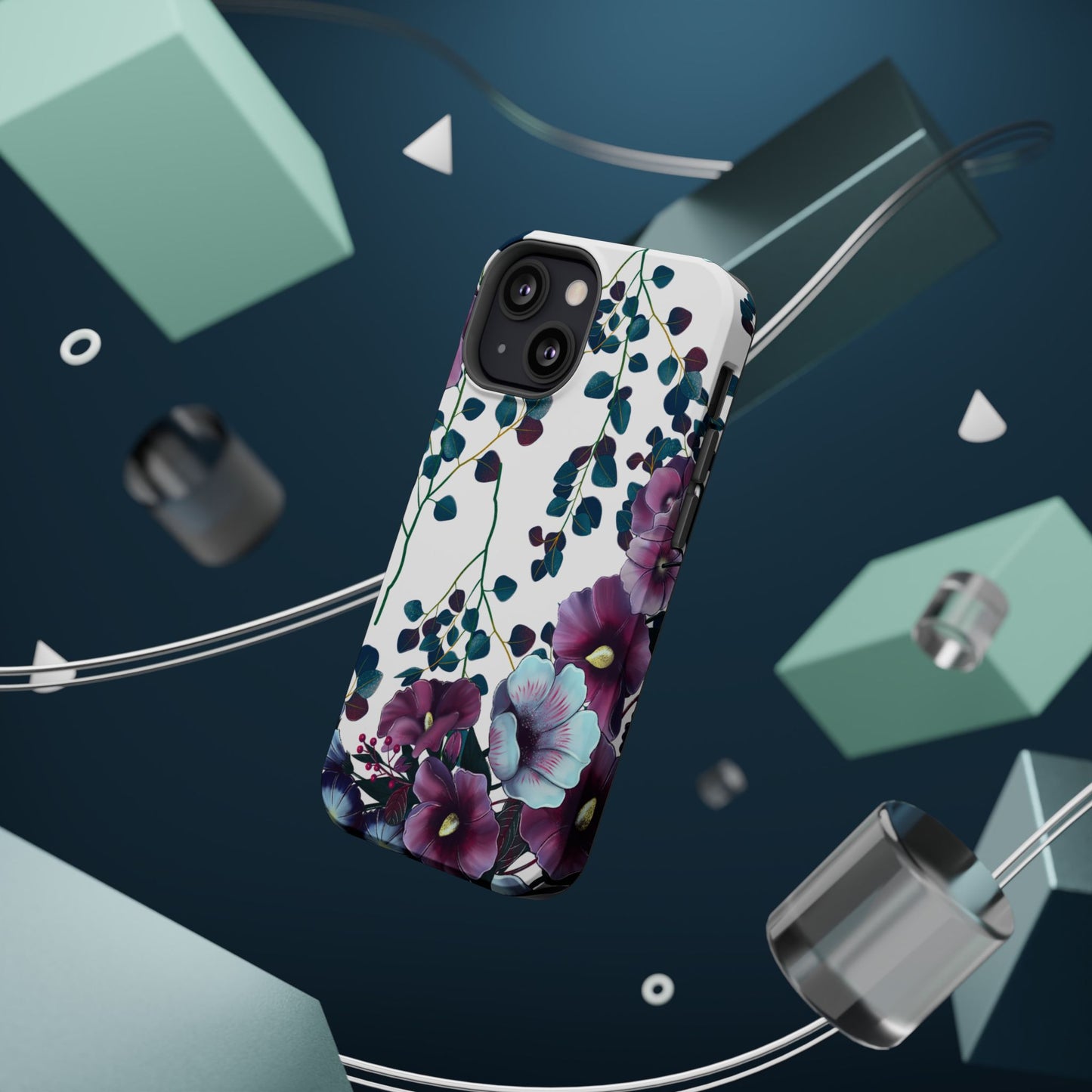 Moody Purple & Teal Floral MagSafe iPhone Series Case – Elegant Botanical Design