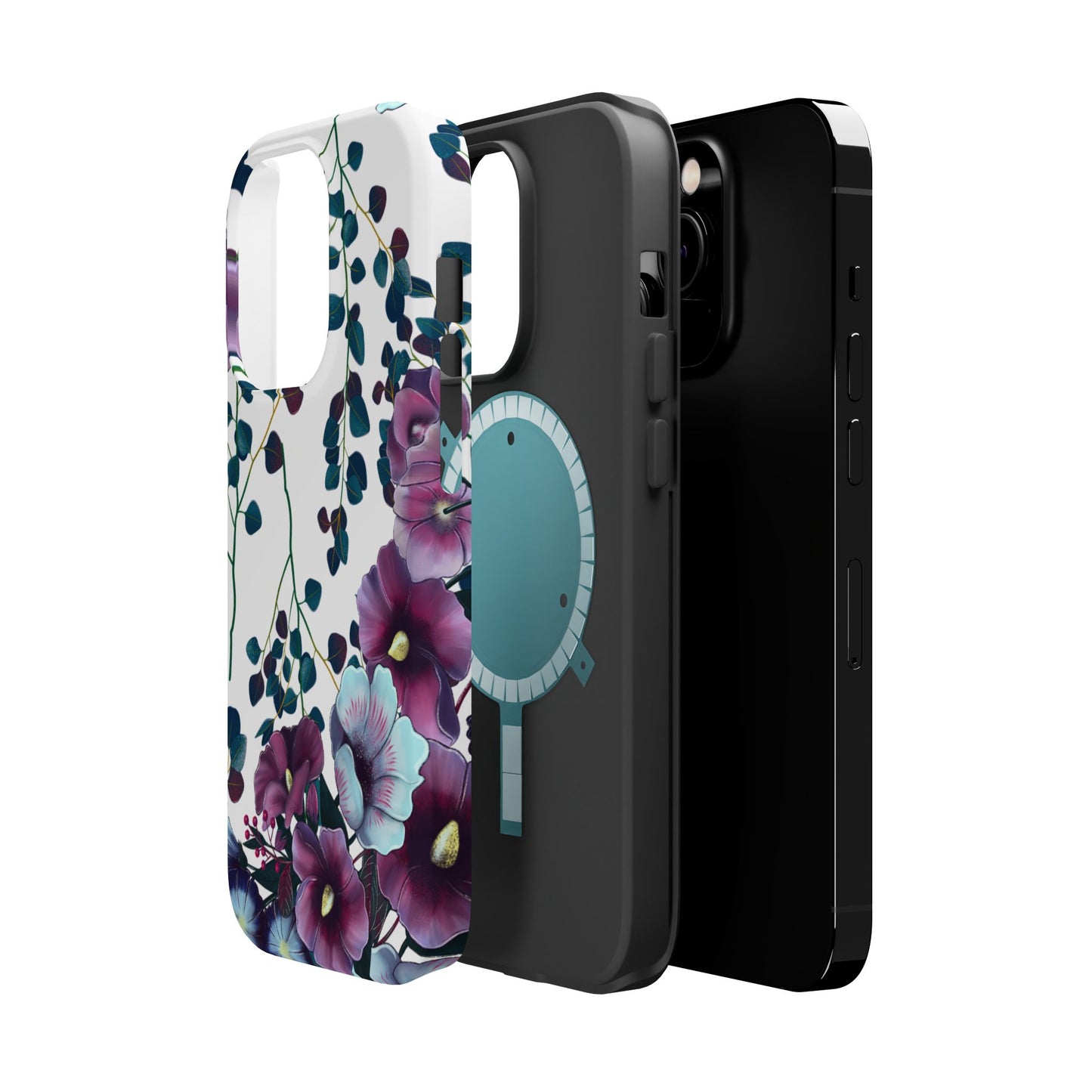 Moody Purple & Teal Floral MagSafe iPhone Series Case – Elegant Botanical Design