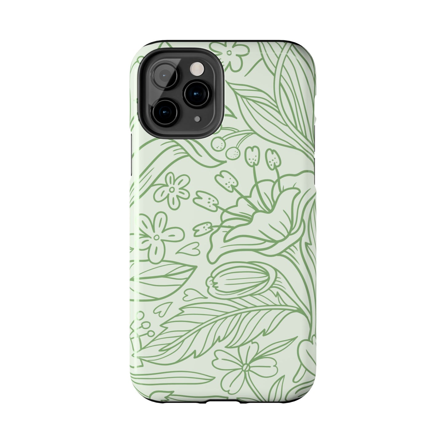 Sage Green Floral Line Art Tough iPhone Case – Minimalist Botanical Design with Dual-Layer Protection