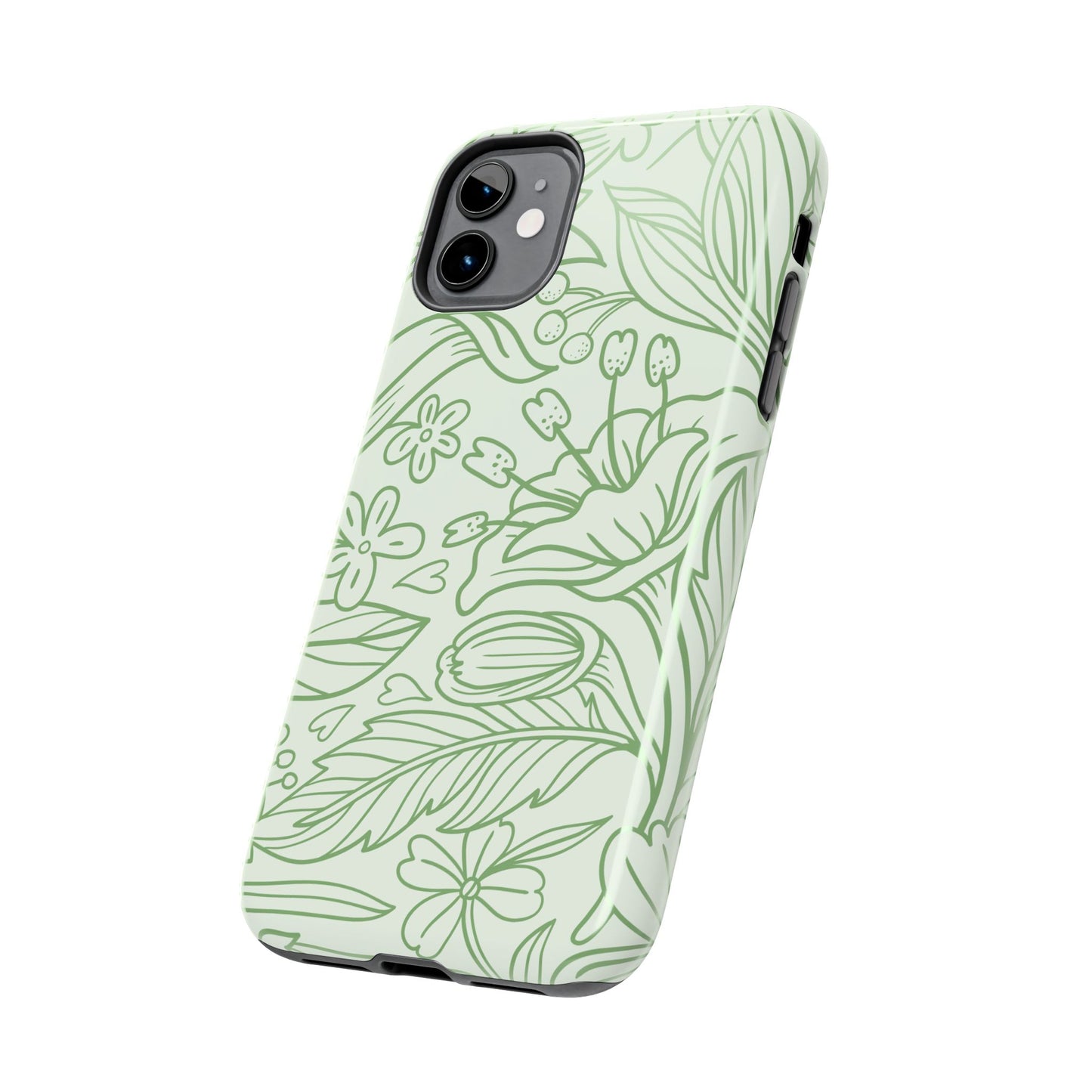 Sage Green Floral Line Art Tough iPhone Case – Minimalist Botanical Design with Dual-Layer Protection