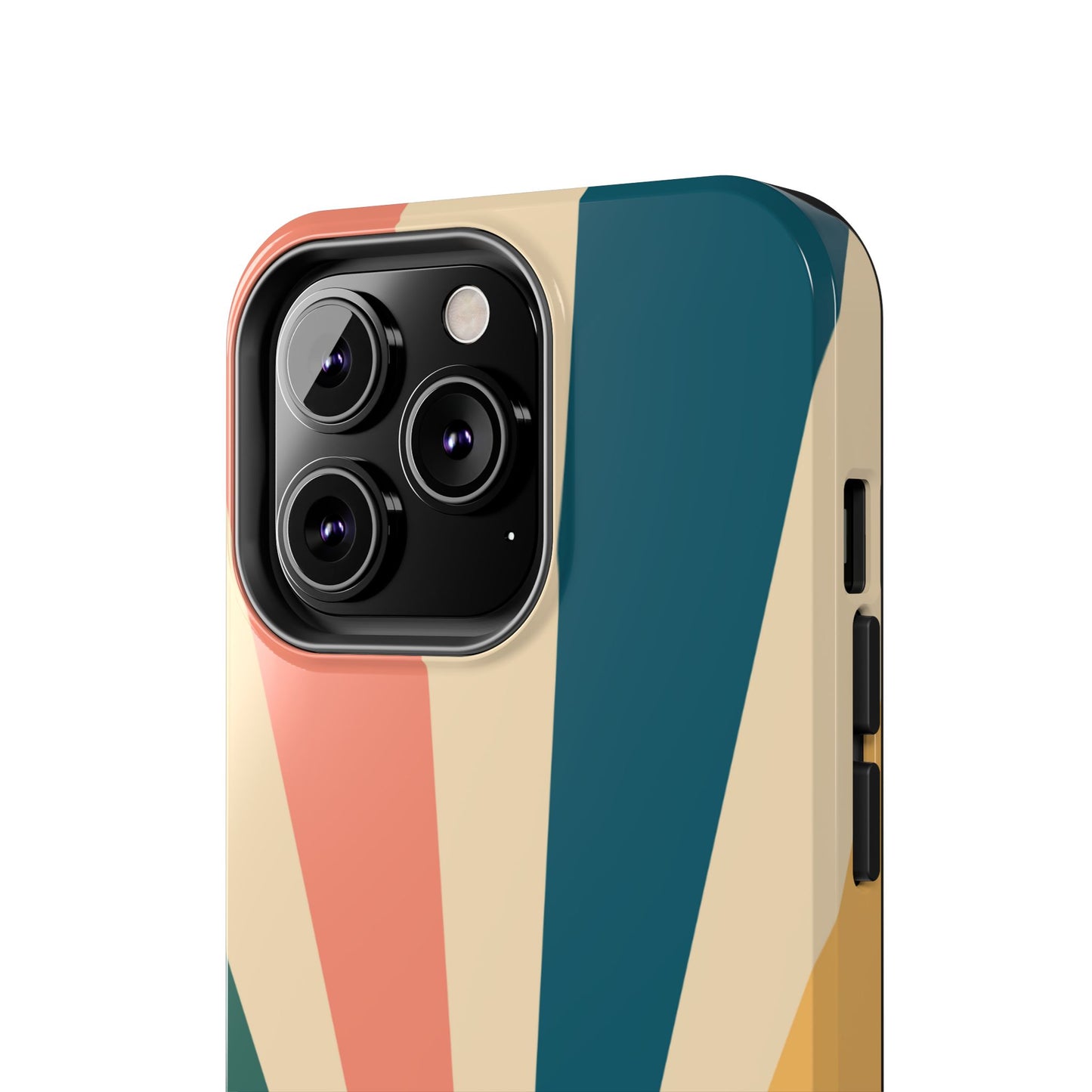 Retro Sunbeam iPhone Case – 70s-Inspired Radiating Stripes in Coral, Teal, and Mustard