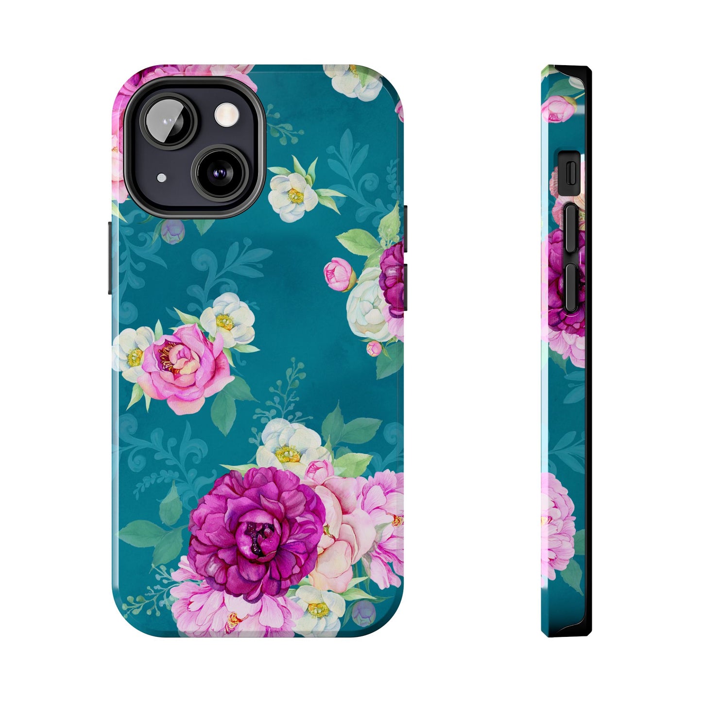 Elegant Peony Bouquet iPhone Case – Deep Teal Background with Romantic Floral Design