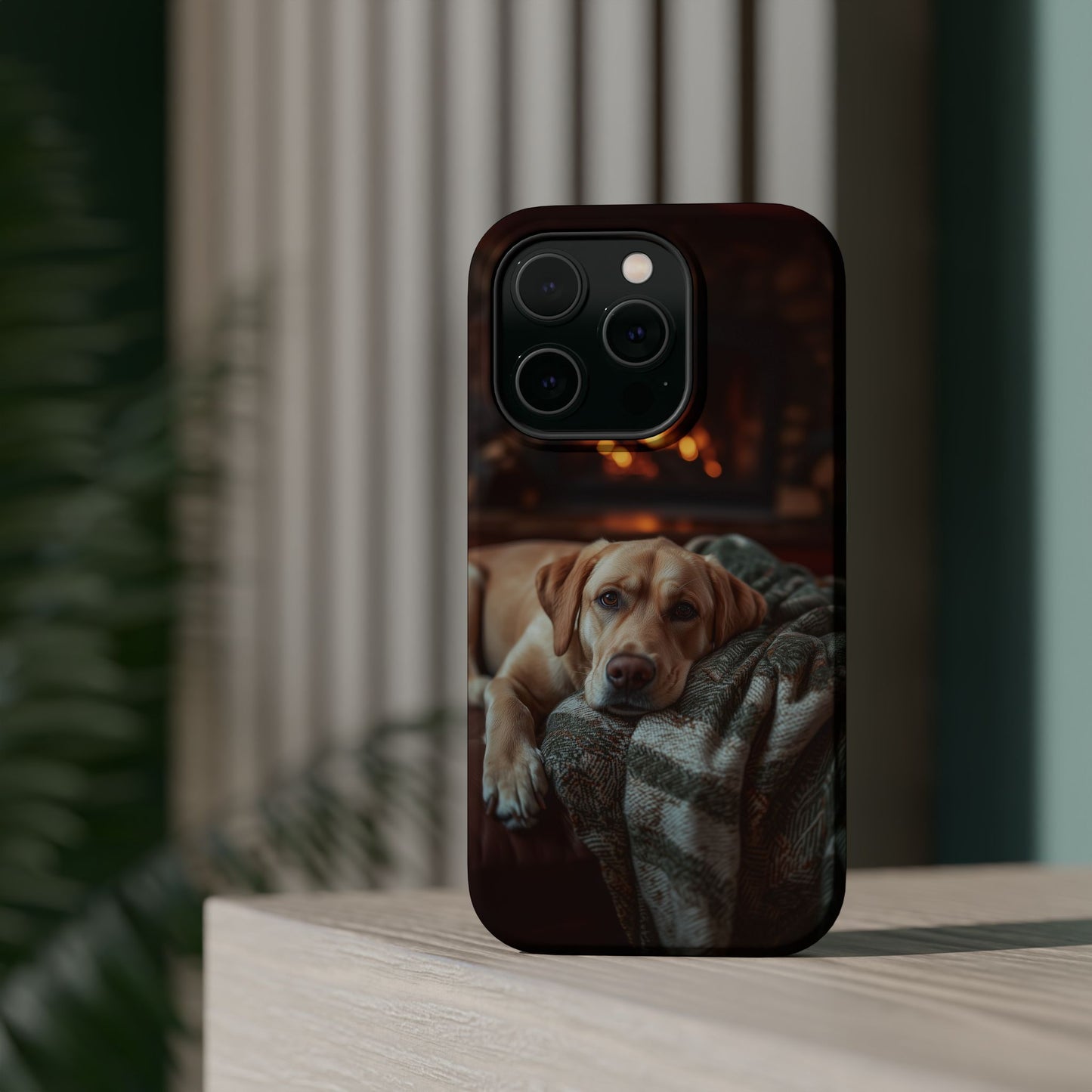 Cozy Labrador by Fireplace MagSafe iPhone Case – Rustic Cabin Protective Cover