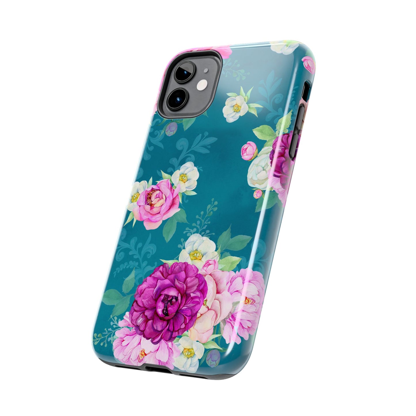Elegant Peony Bouquet iPhone Case – Deep Teal Background with Romantic Floral Design