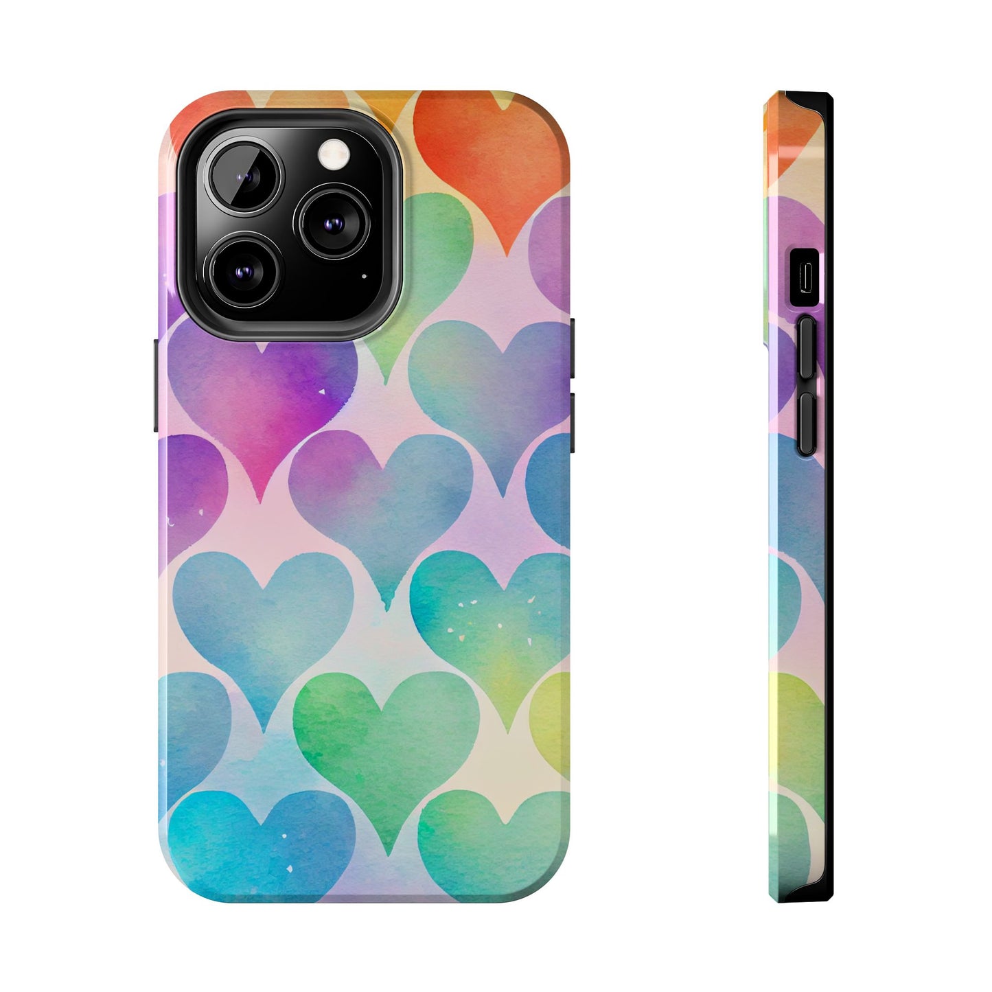 Rainbow Hearts Watercolor iPhone Case – Slim Design, Glossy Finish