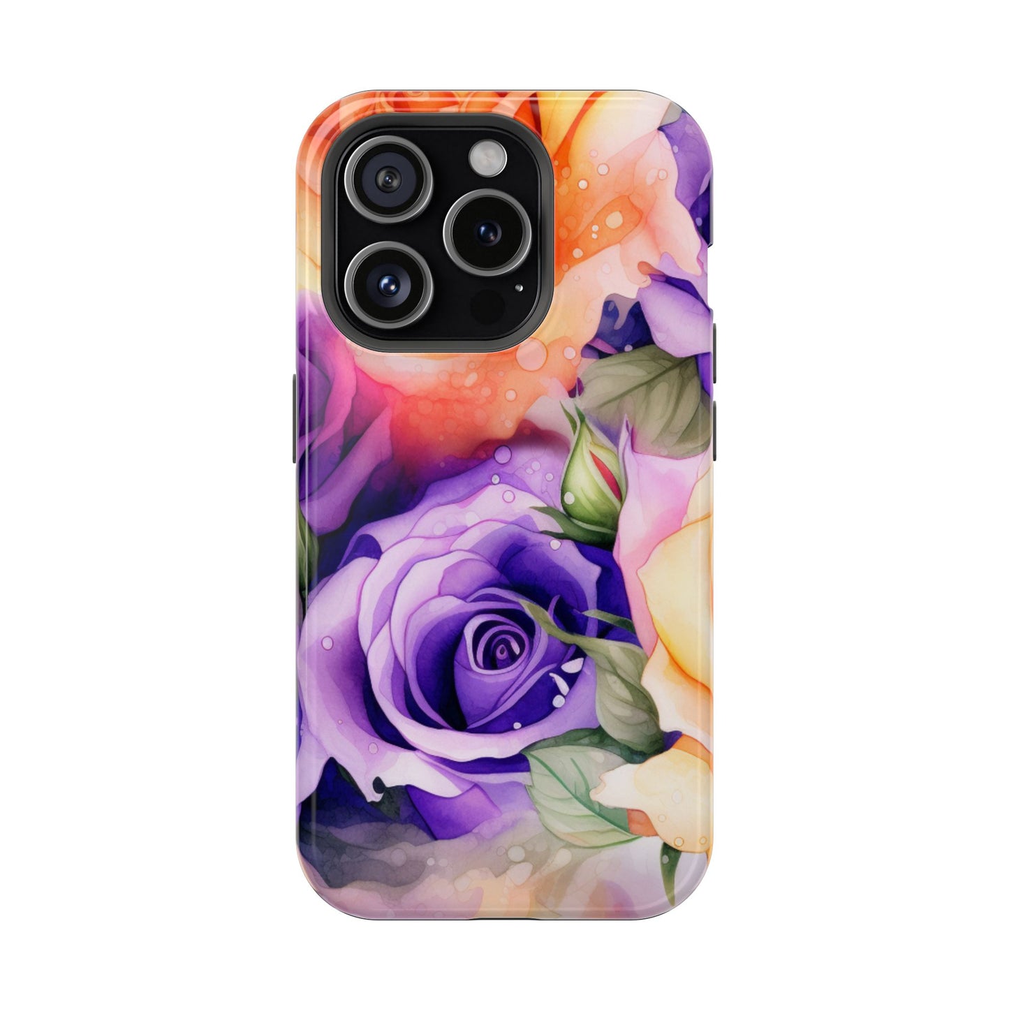 Vibrant Purple & Orange Rose MagSafe iPhone Case – Watercolor Floral Aesthetic with Wireless Charging