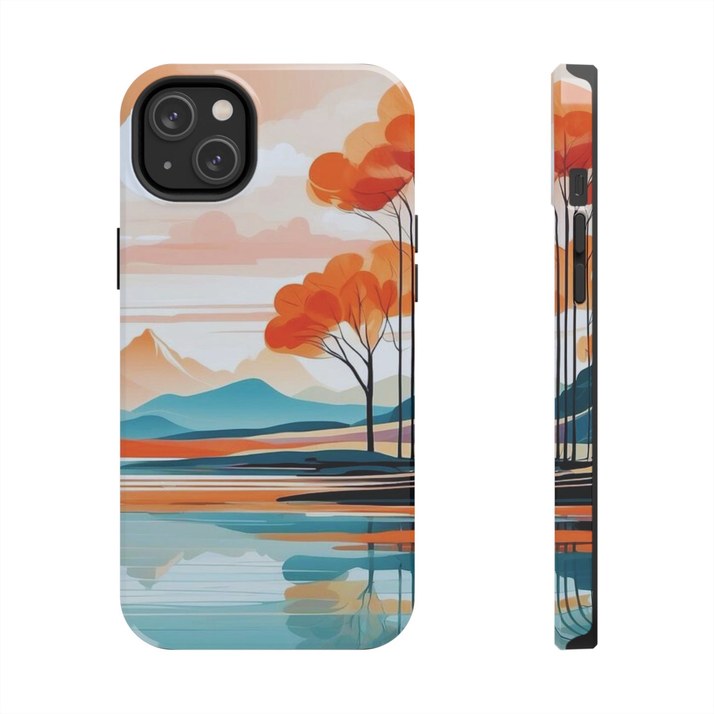 Serene Sunset Lake iPhone Case – Minimalist Landscape Art, Dual-Layer Protection