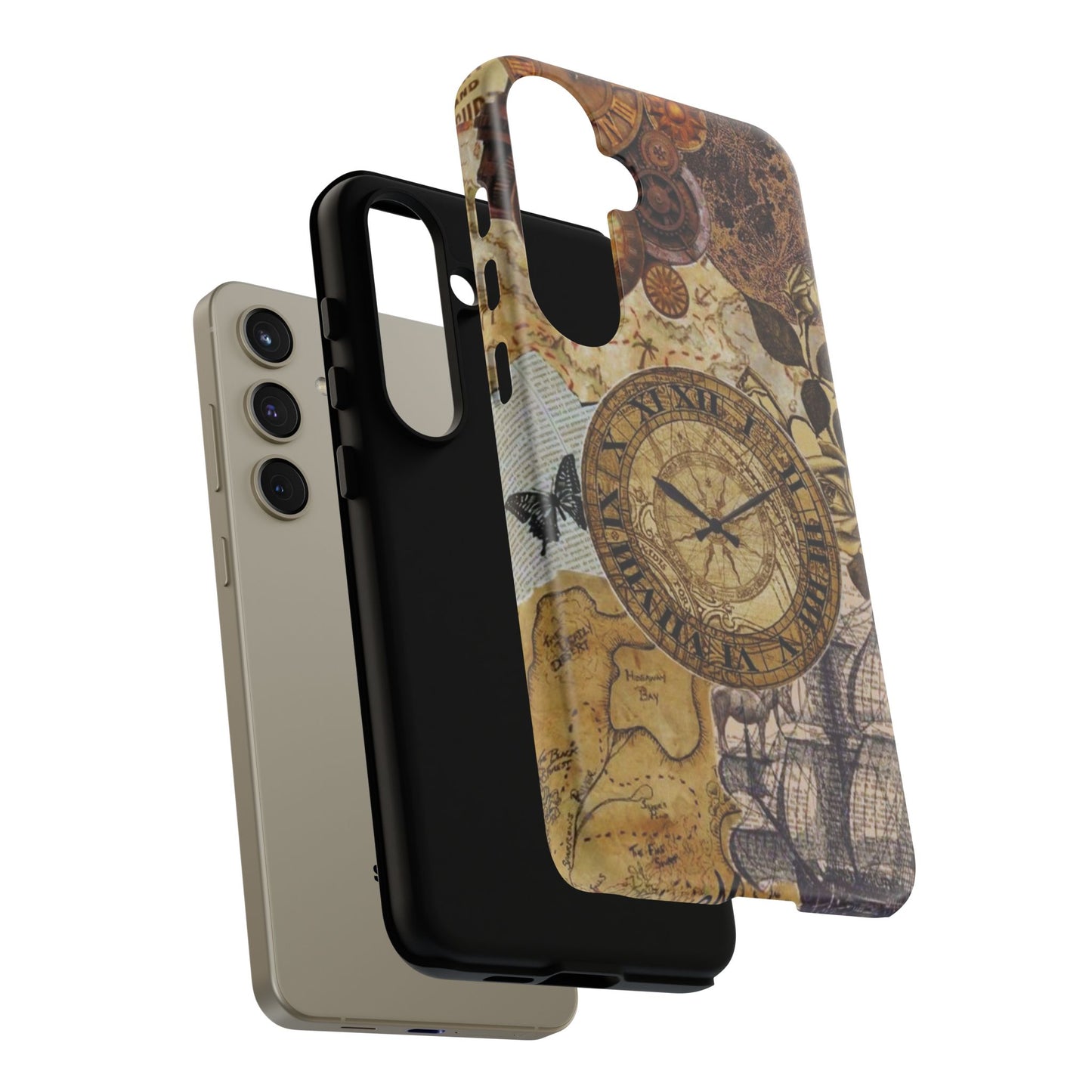 Steampunk Vintage Adventure Samsung Galaxy Case – Dual-Layer Protection with Antique Map and Clock Design