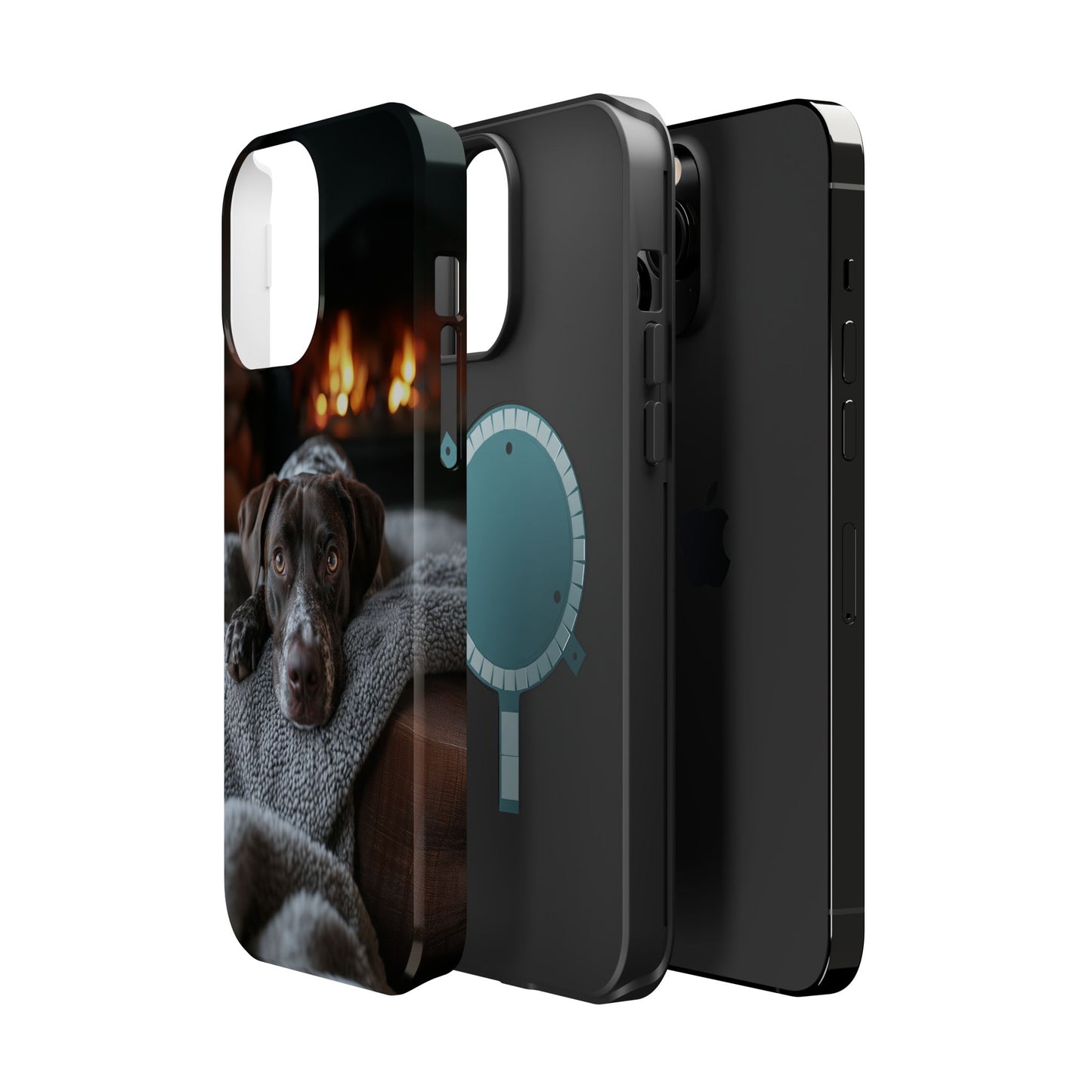 Cozy German Shorthaired Pointer MagSafe iPhone Case – Rustic Fireplace Protective Cover