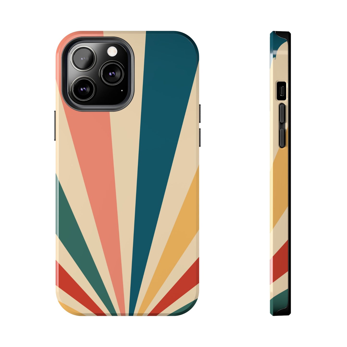 Retro Sunbeam iPhone Case – 70s-Inspired Radiating Stripes in Coral, Teal, and Mustard