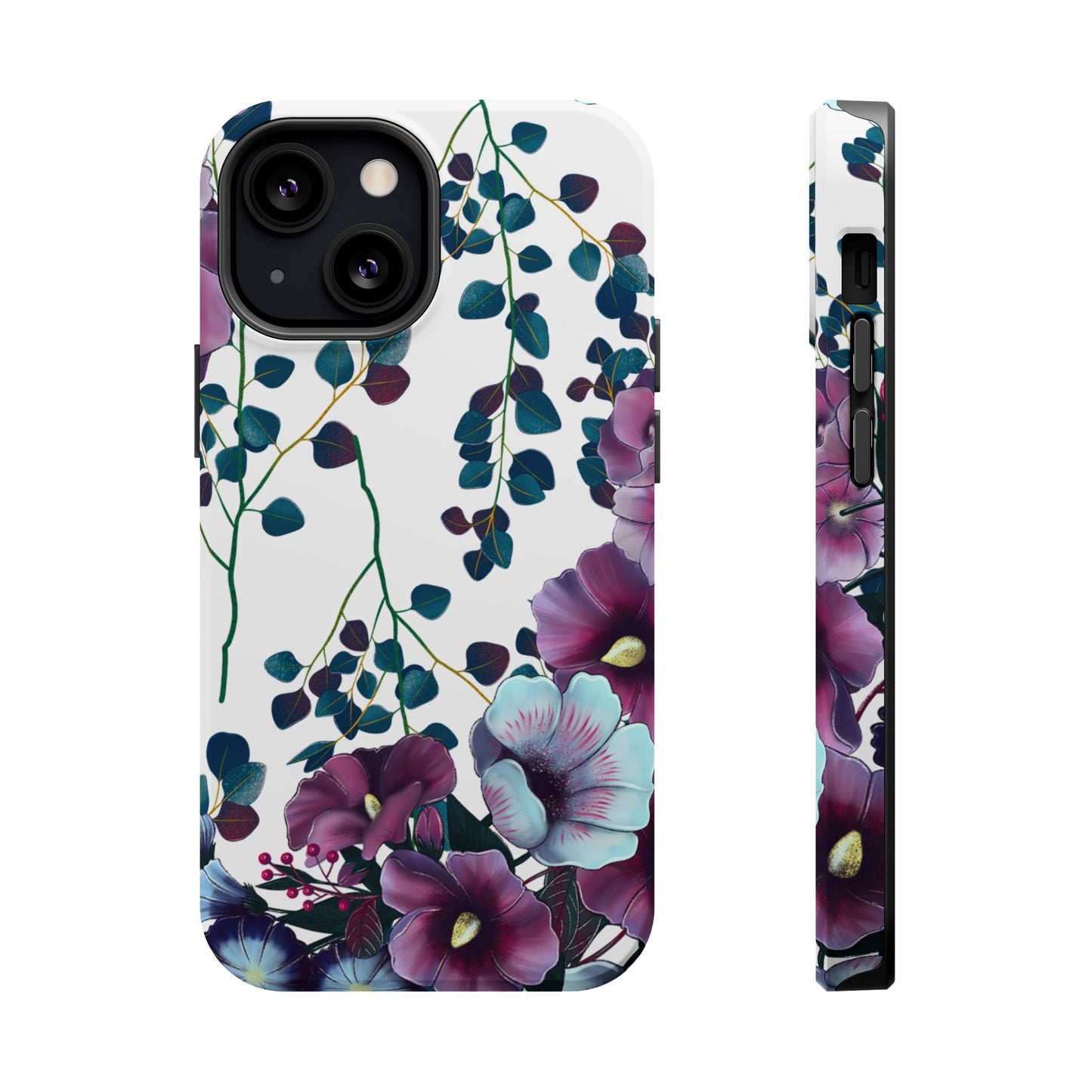 Moody Purple & Teal Floral MagSafe iPhone Series Case – Elegant Botanical Design