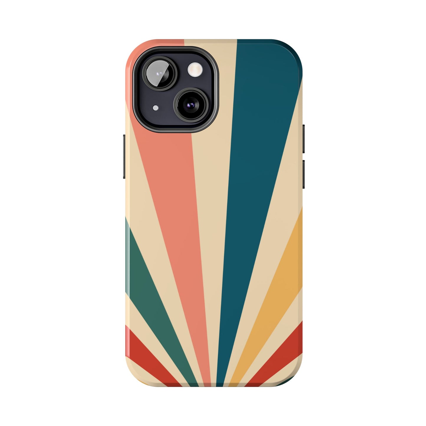 Retro Sunbeam iPhone Case – 70s-Inspired Radiating Stripes in Coral, Teal, and Mustard