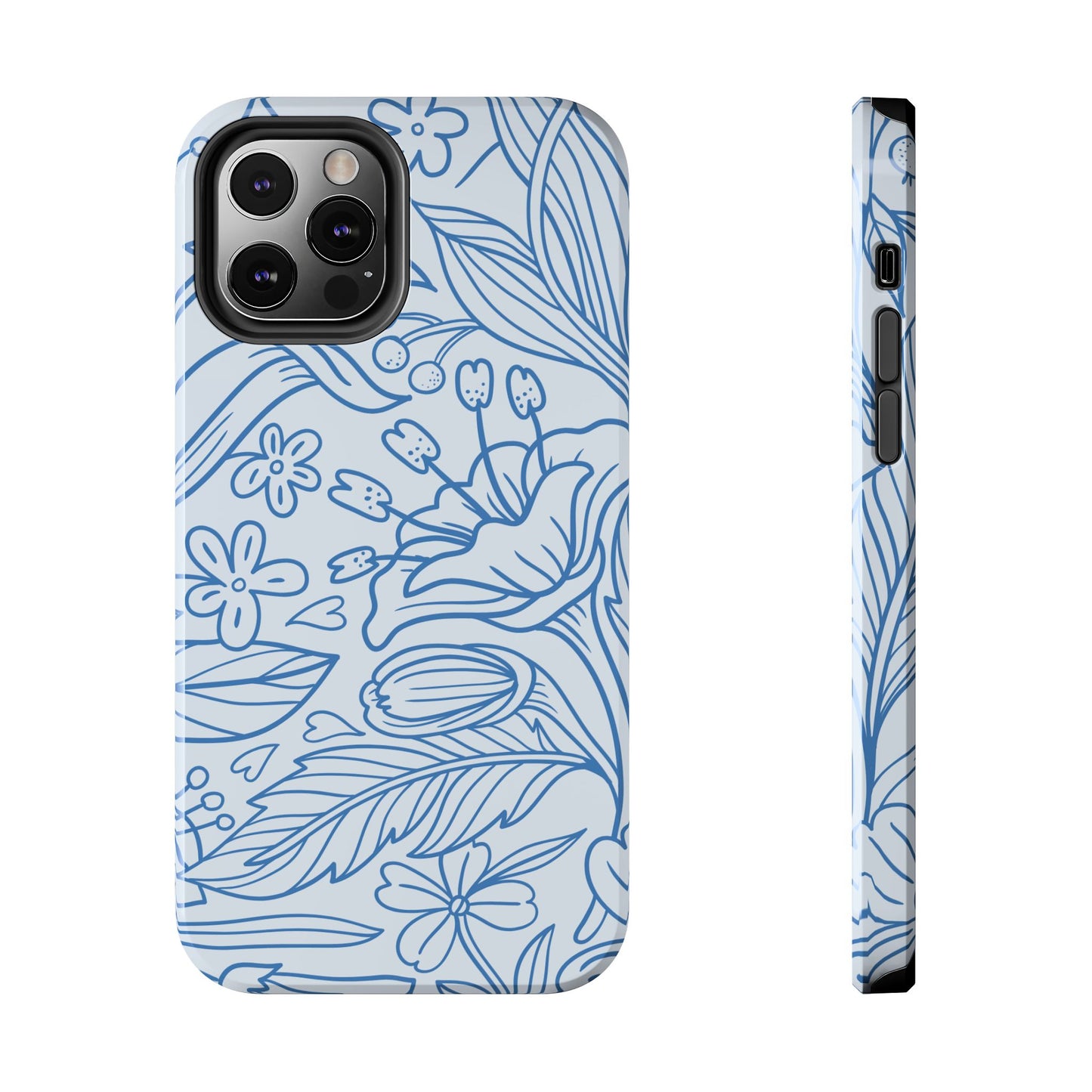 Dusty Blue Floral Line Art Tough iPhone Case – Minimalist Botanical Design with Dual-Layer Protection