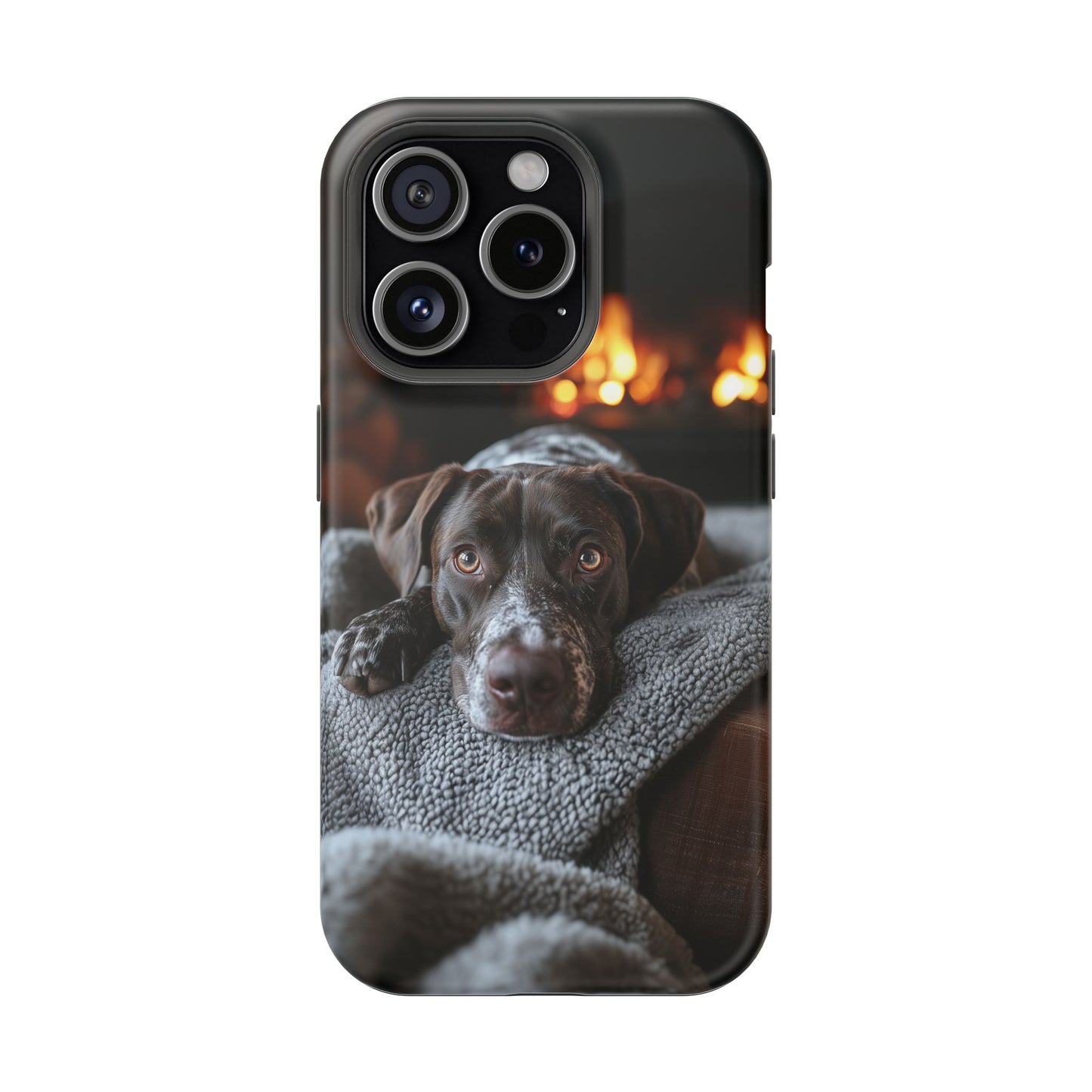 Cozy German Shorthaired Pointer MagSafe iPhone Case – Rustic Fireplace Protective Cover