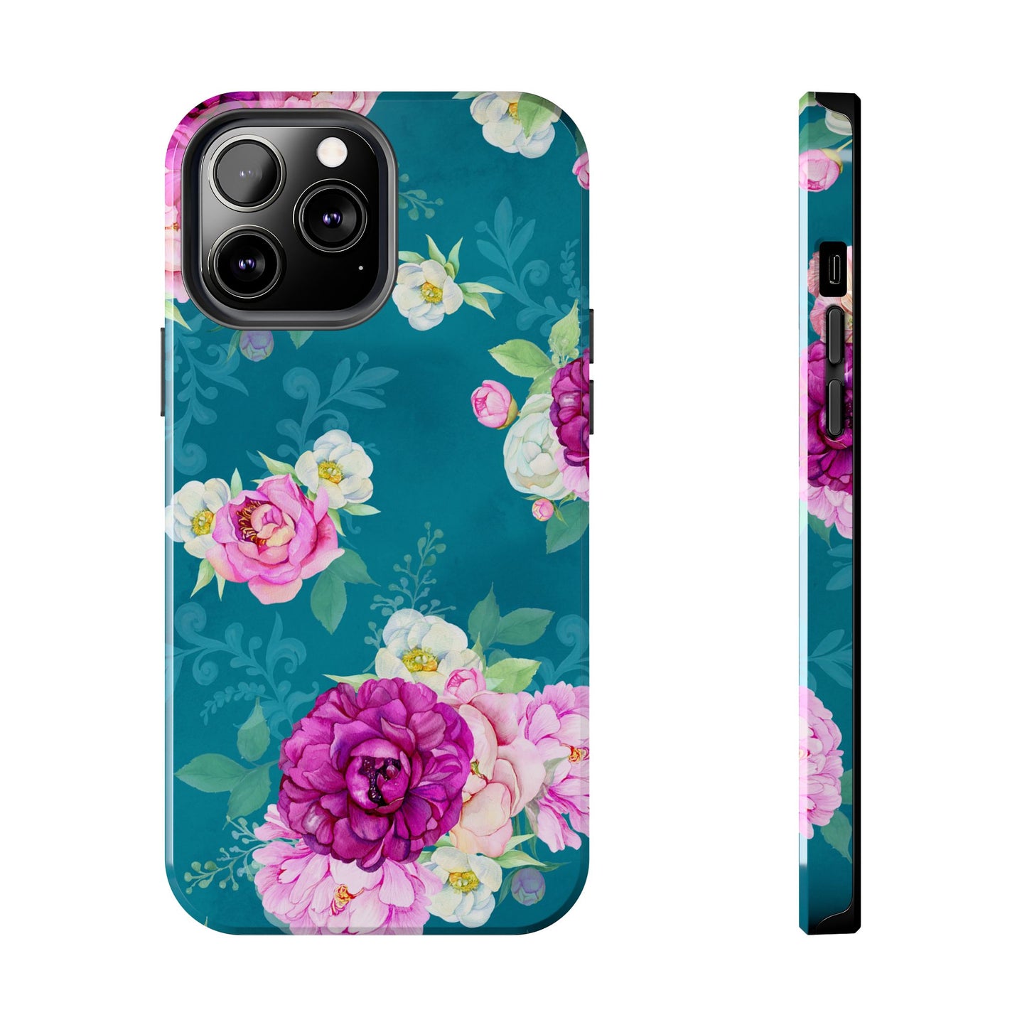 Elegant Peony Bouquet iPhone Case – Deep Teal Background with Romantic Floral Design