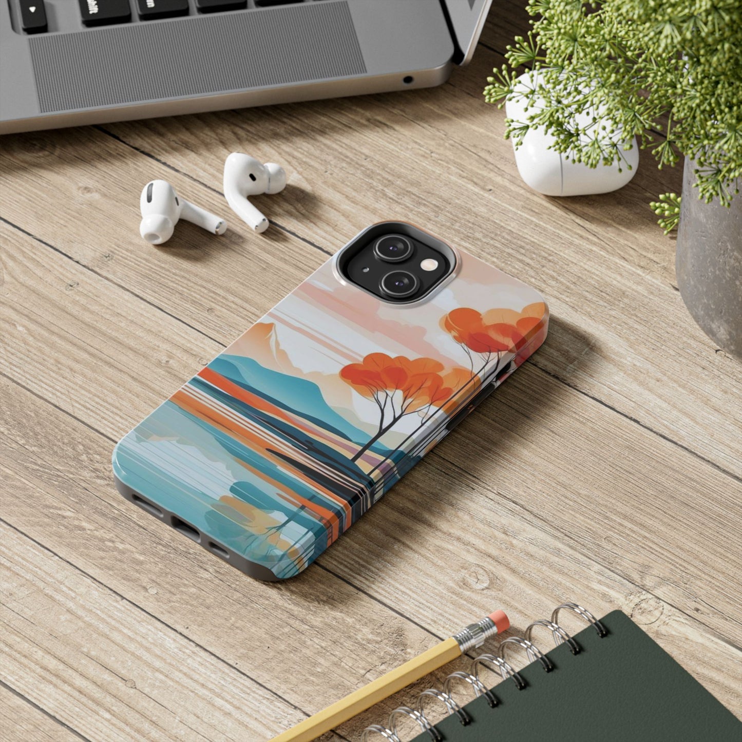 Serene Sunset Lake iPhone Case – Minimalist Landscape Art, Dual-Layer Protection