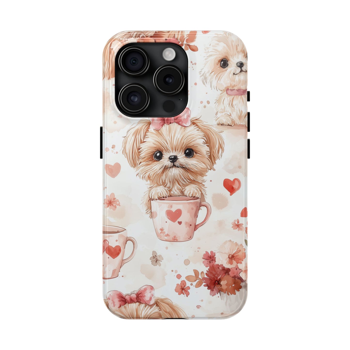 Puppies & Heart Mugs iPhone Case – Sweet Dog & Floral Design, Shockproof & Slim - BOGO Cases
