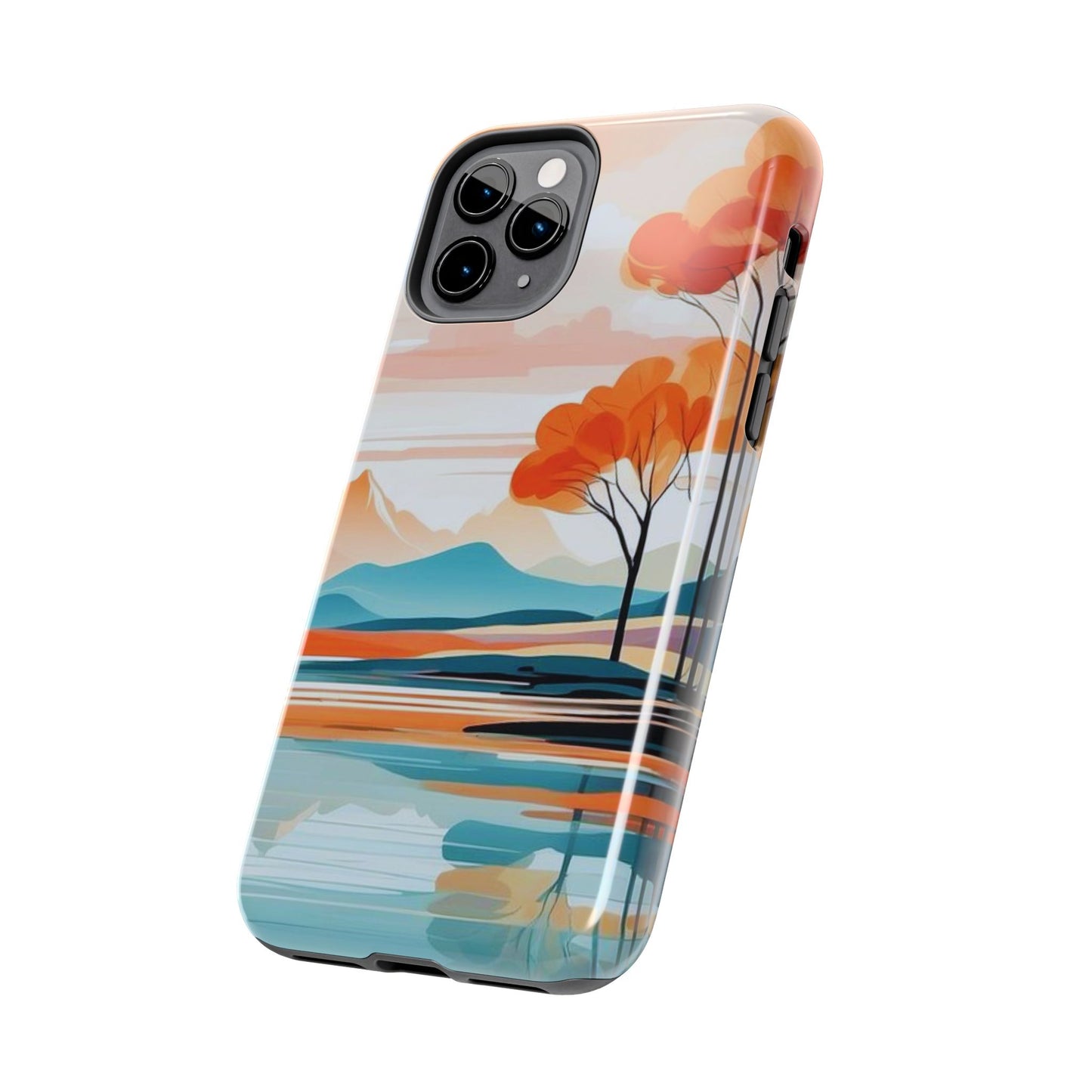 Serene Sunset Lake iPhone Case – Minimalist Landscape Art, Dual-Layer Protection