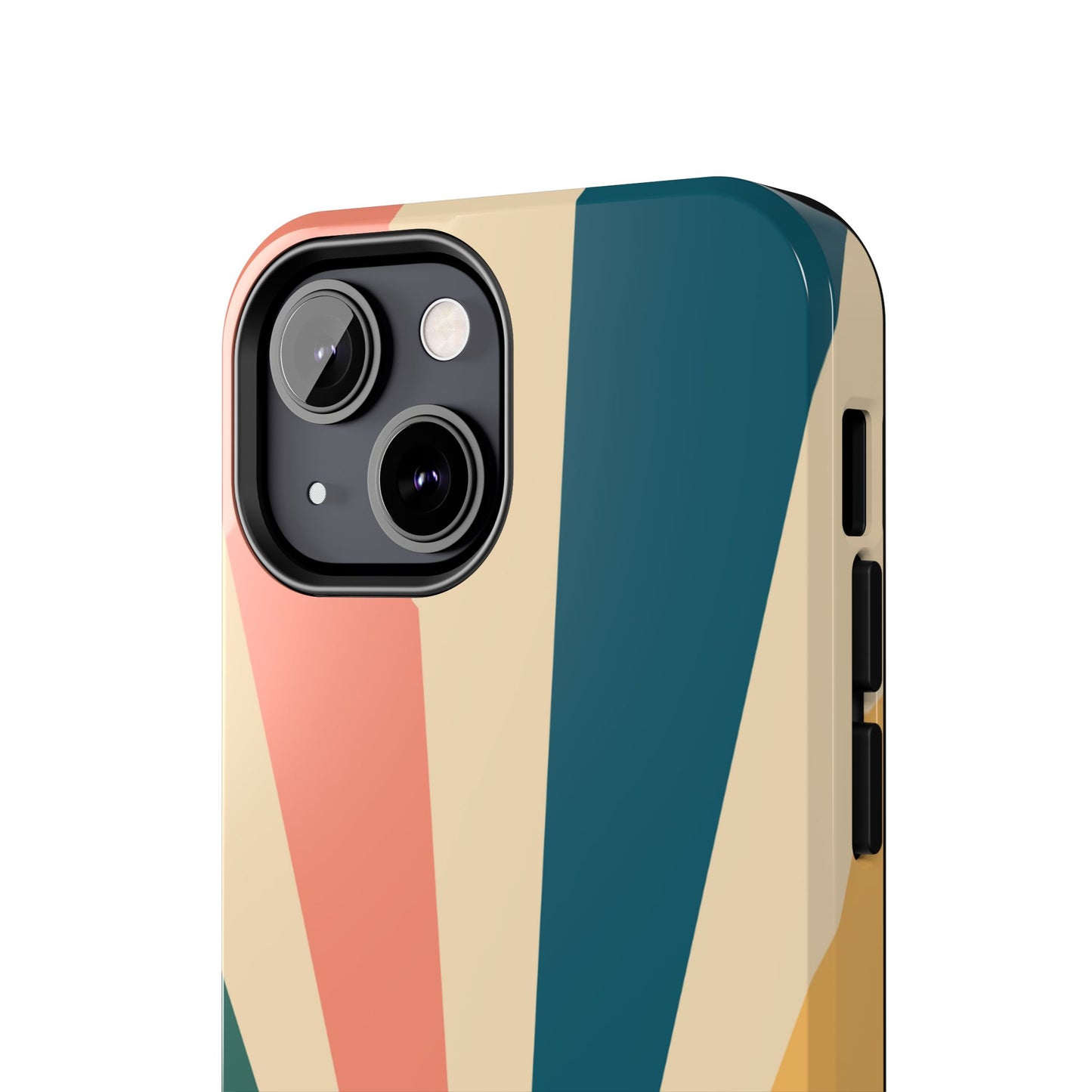 Retro Sunbeam iPhone Case – 70s-Inspired Radiating Stripes in Coral, Teal, and Mustard