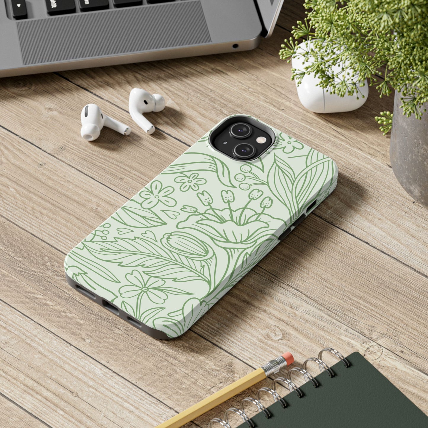 Sage Green Floral Line Art Tough iPhone Case – Minimalist Botanical Design with Dual-Layer Protection