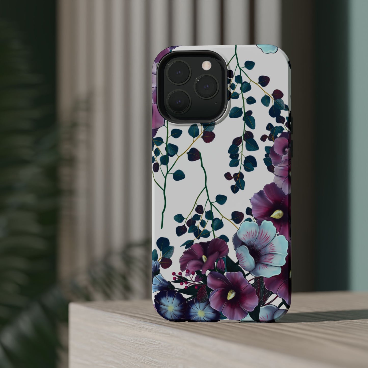 Moody Purple & Teal Floral MagSafe iPhone Series Case – Elegant Botanical Design