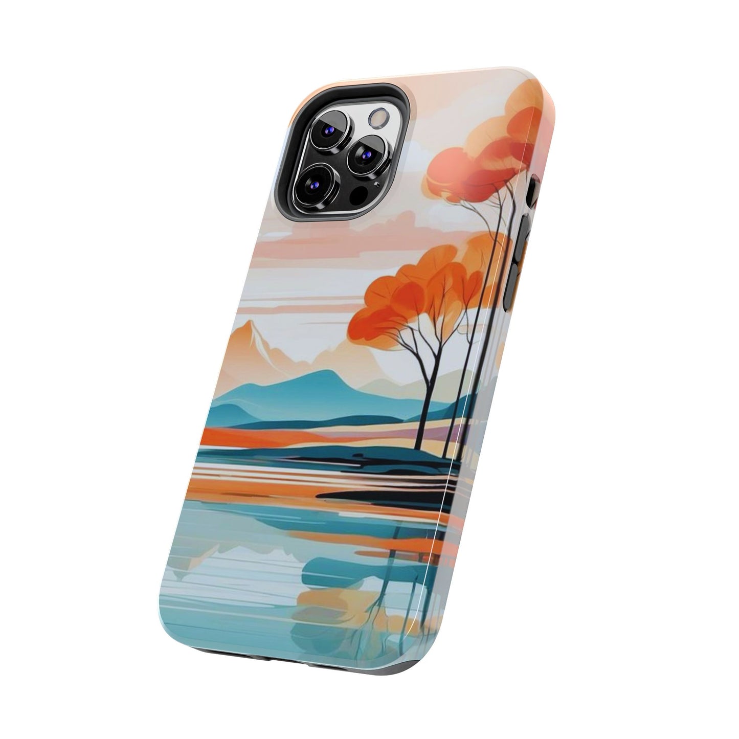 Serene Sunset Lake iPhone Case – Minimalist Landscape Art, Dual-Layer Protection