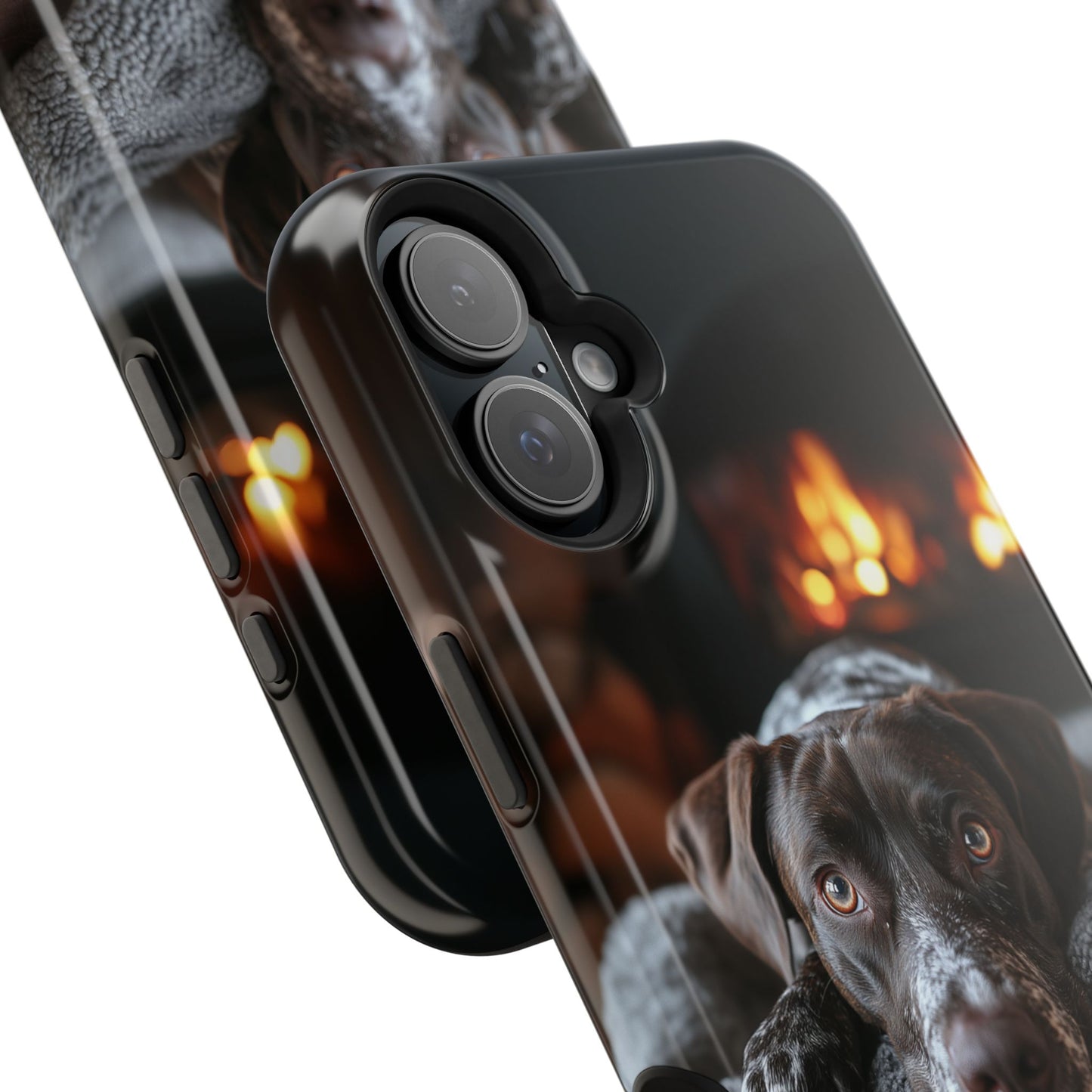 Cozy German Shorthaired Pointer MagSafe iPhone Case – Rustic Fireplace Protective Cover