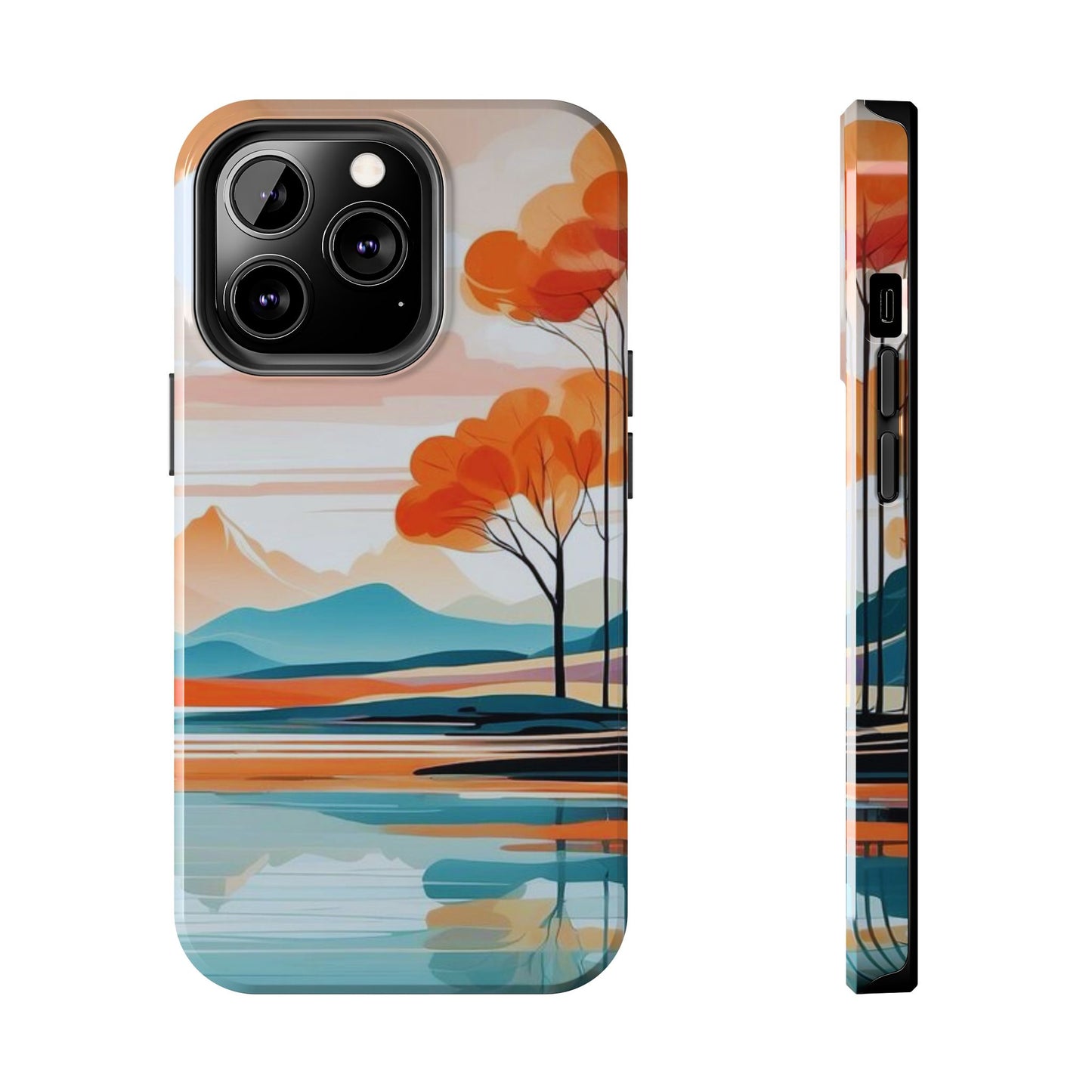 Serene Sunset Lake iPhone Case – Minimalist Landscape Art, Dual-Layer Protection