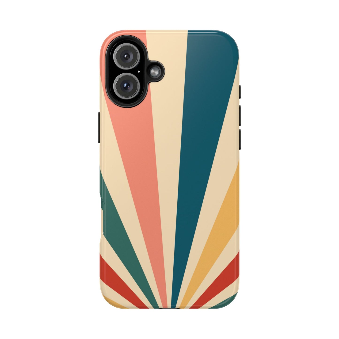 Retro Sunbeam iPhone Case – 70s-Inspired Radiating Stripes in Coral, Teal, and Mustard