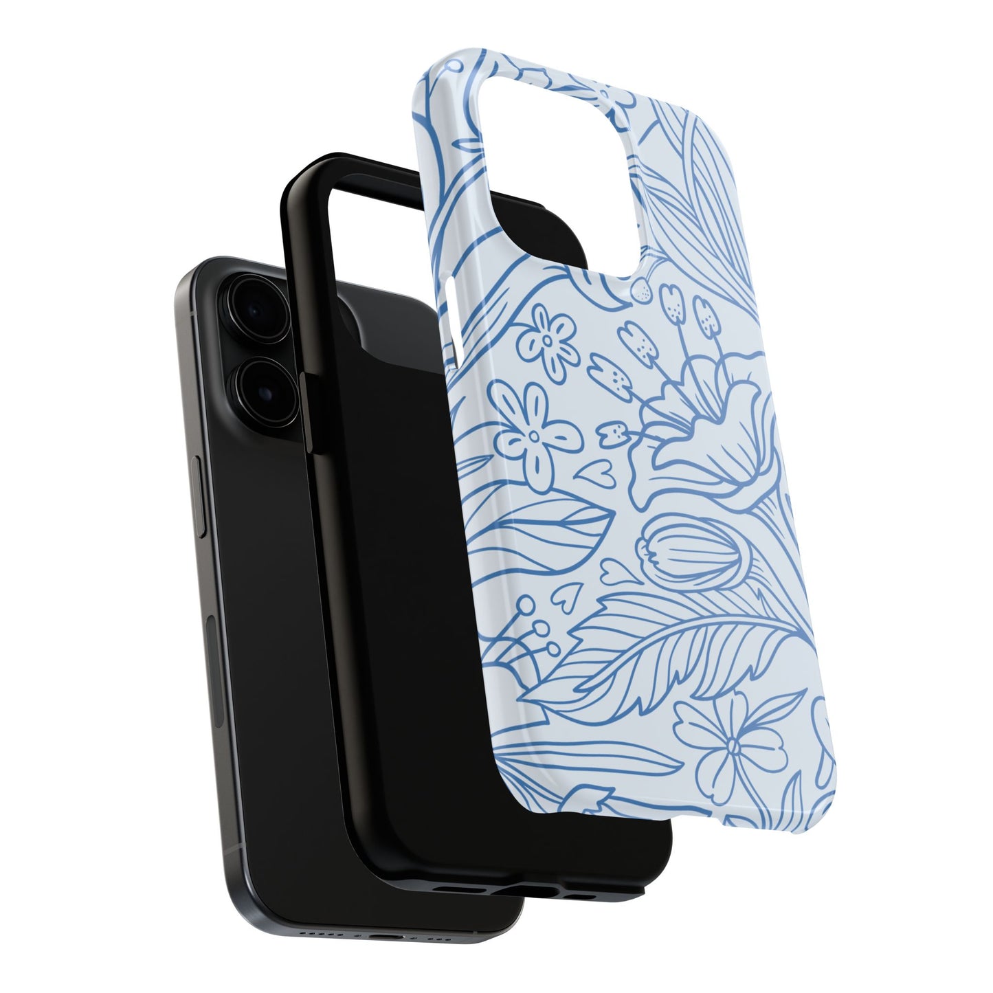 Dusty Blue Floral Line Art Tough iPhone Case – Minimalist Botanical Design with Dual-Layer Protection