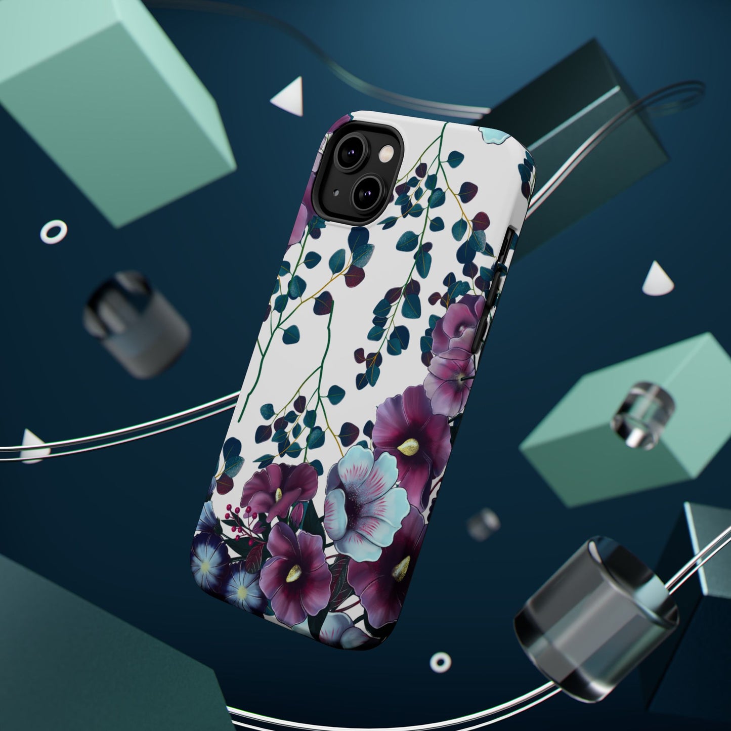 Moody Purple & Teal Floral MagSafe iPhone Series Case – Elegant Botanical Design